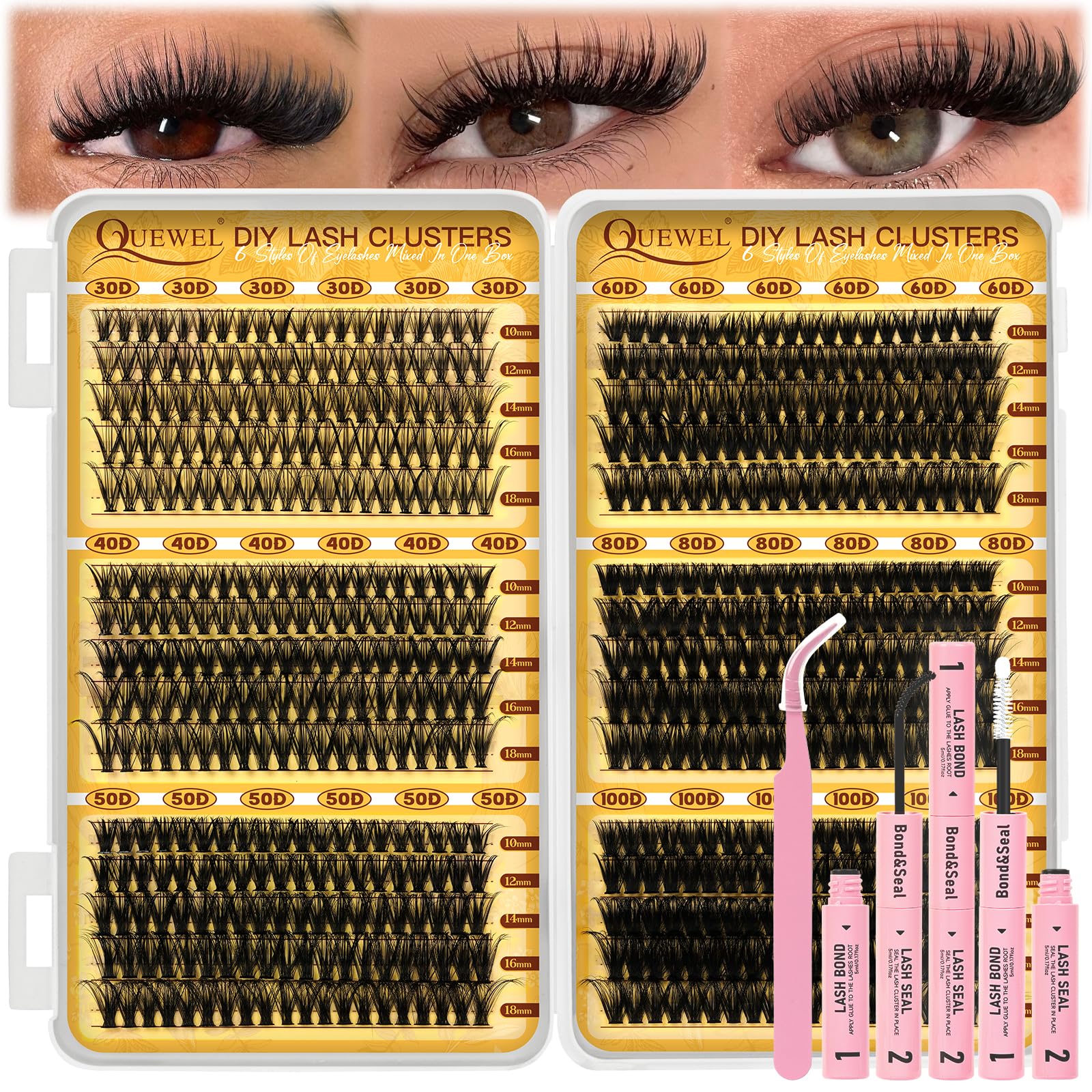 QUEWEL lash clusters kit box shows an all-in-one at-home practice set.