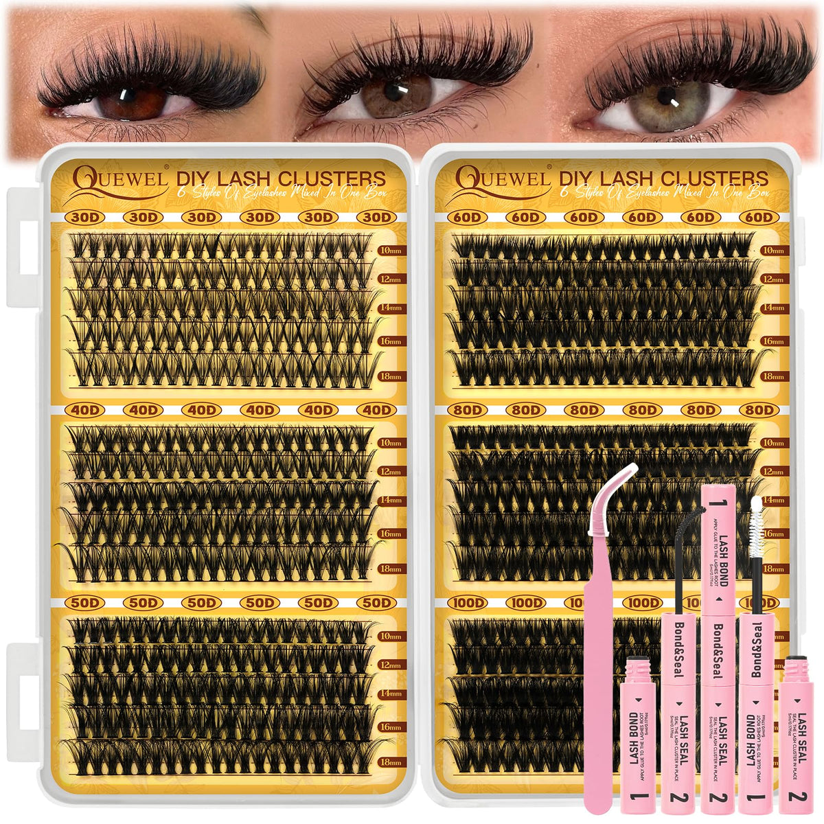 QUEWEL lash clusters kit box shows an all-in-one at-home practice set.