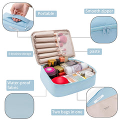 Queboom blue cosmetics bag is lightweight for easy packing in luggage.