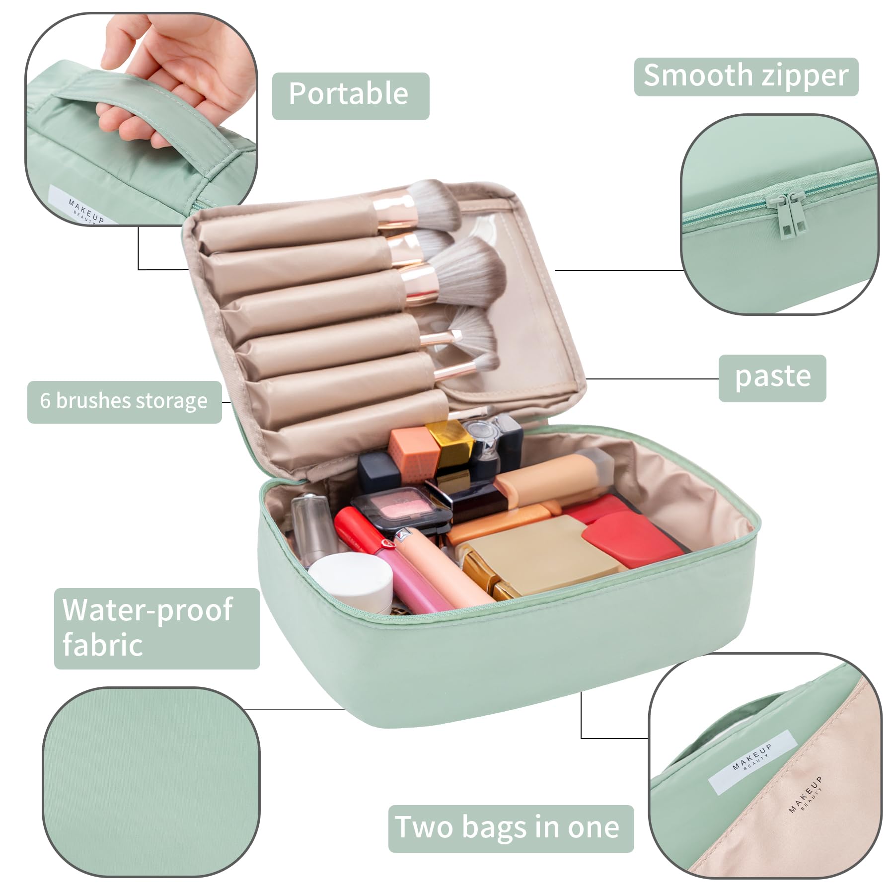 Queboom bag includes a dedicated brush compartment for tidy kit storage.