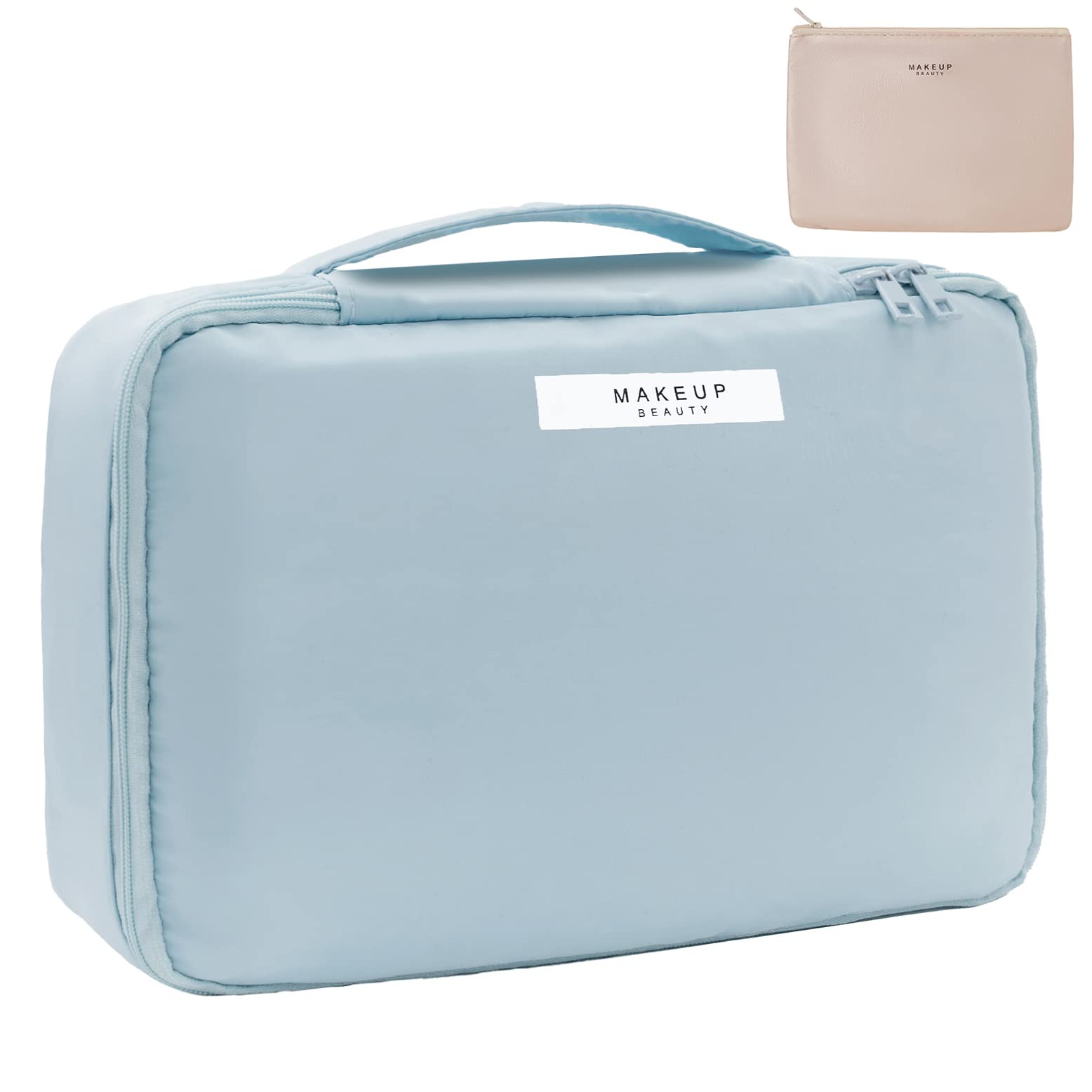 Queboom Travel Makeup Bag blue exterior with a large main compartment for cosmetics on the go.