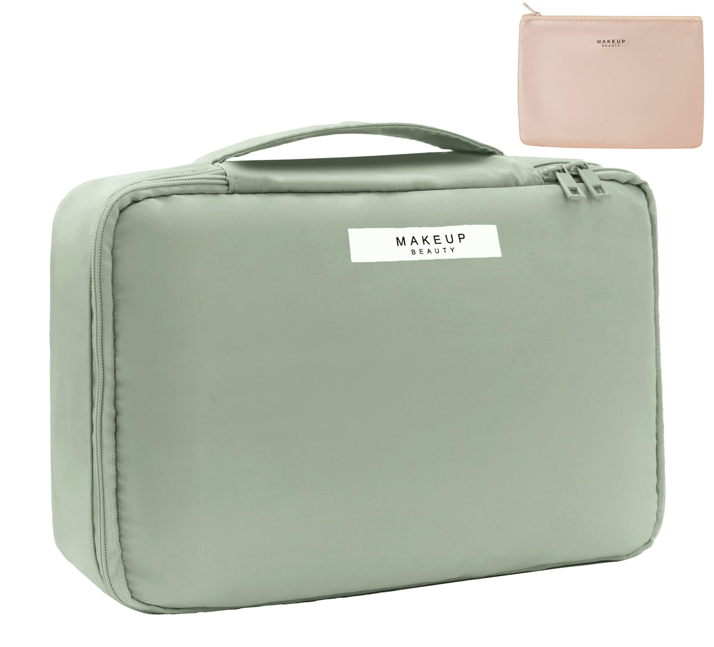 Queboom travel makeup bag main compartment in green keeps cosmetics organized on the go.
