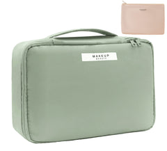 Queboom travel makeup bag main compartment in green keeps cosmetics organized on the go.