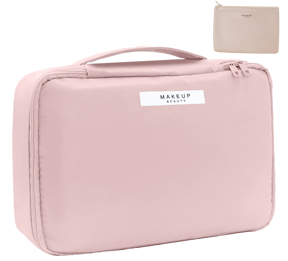 Queboom travel makeup bag pink front view for on-the-go organization