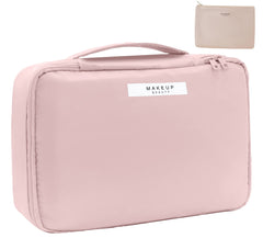 Queboom travel makeup bag pink front view for on-the-go organization