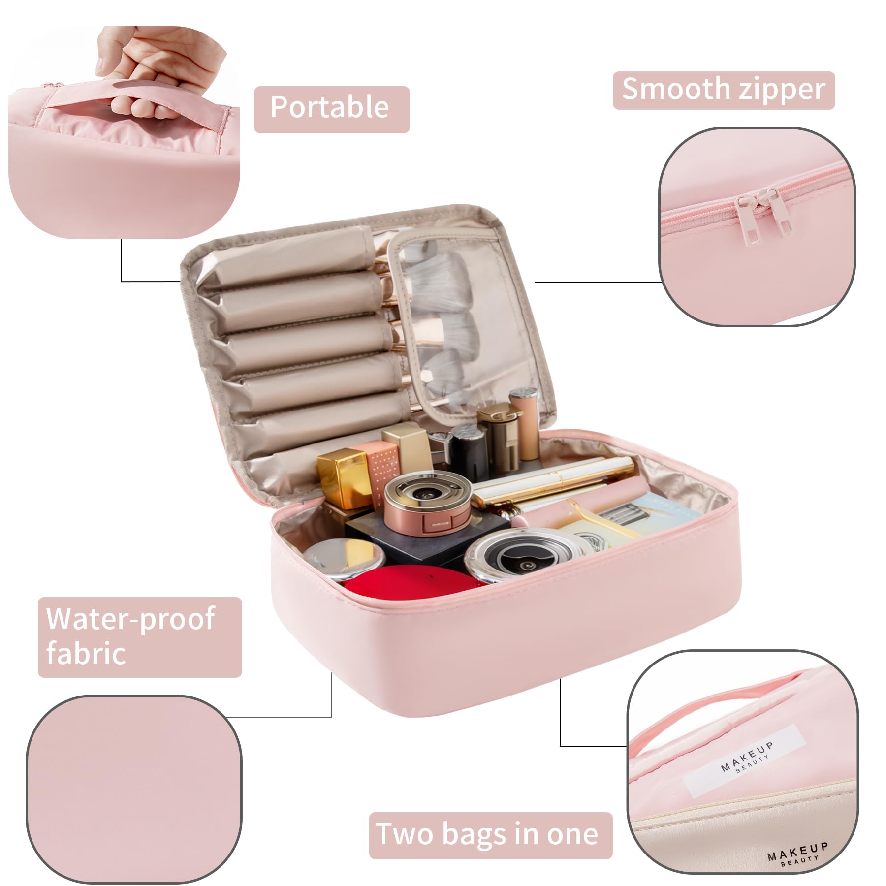 Queboom pink bag main compartment open showing space for cosmetics