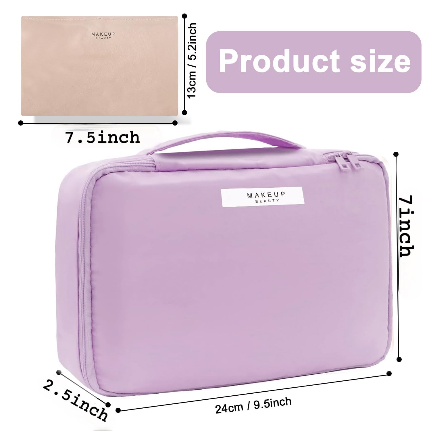 Inside view of purple Queboom bag showing the small detachable cosmetic pouch