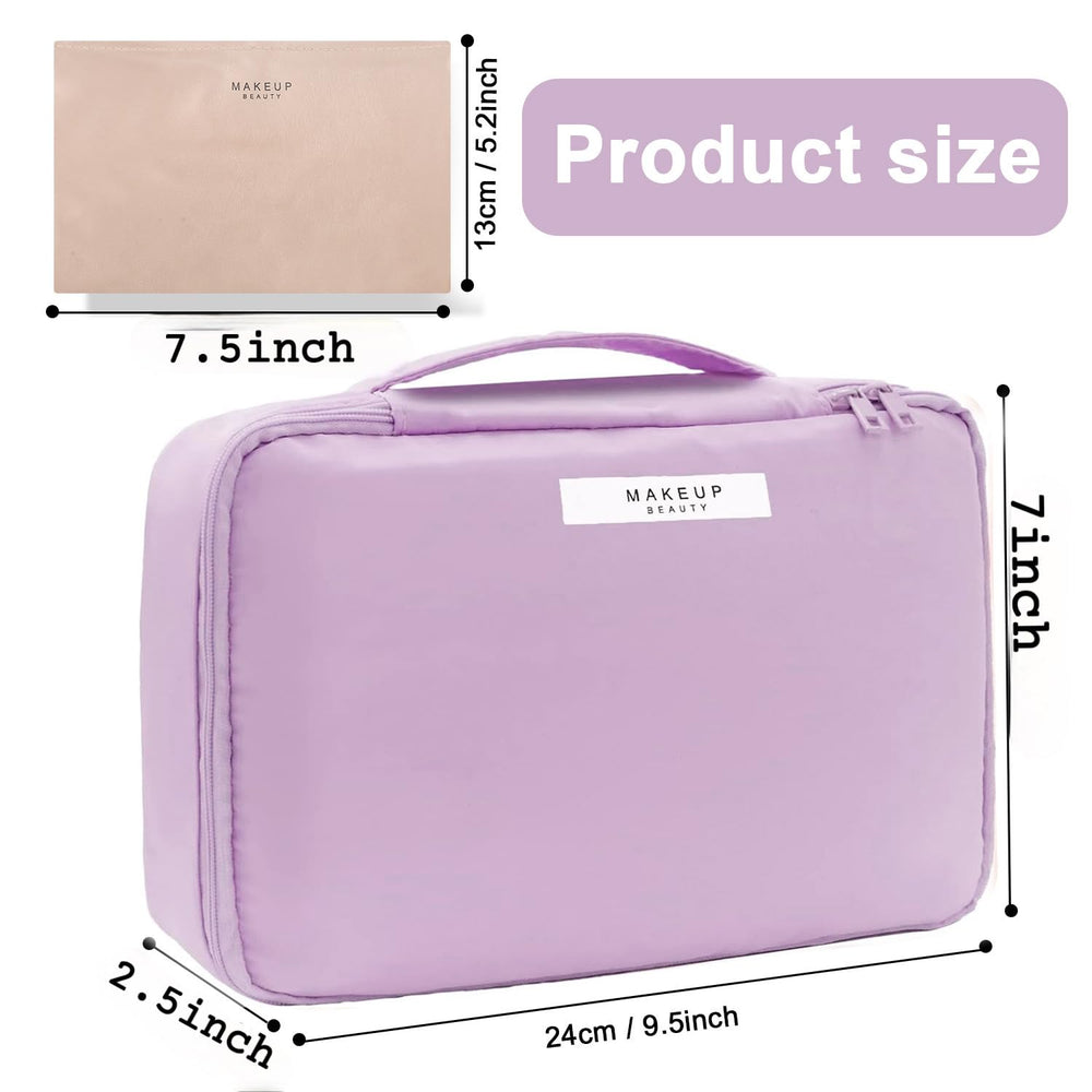 Inside view of purple Queboom bag showing the small detachable cosmetic pouch