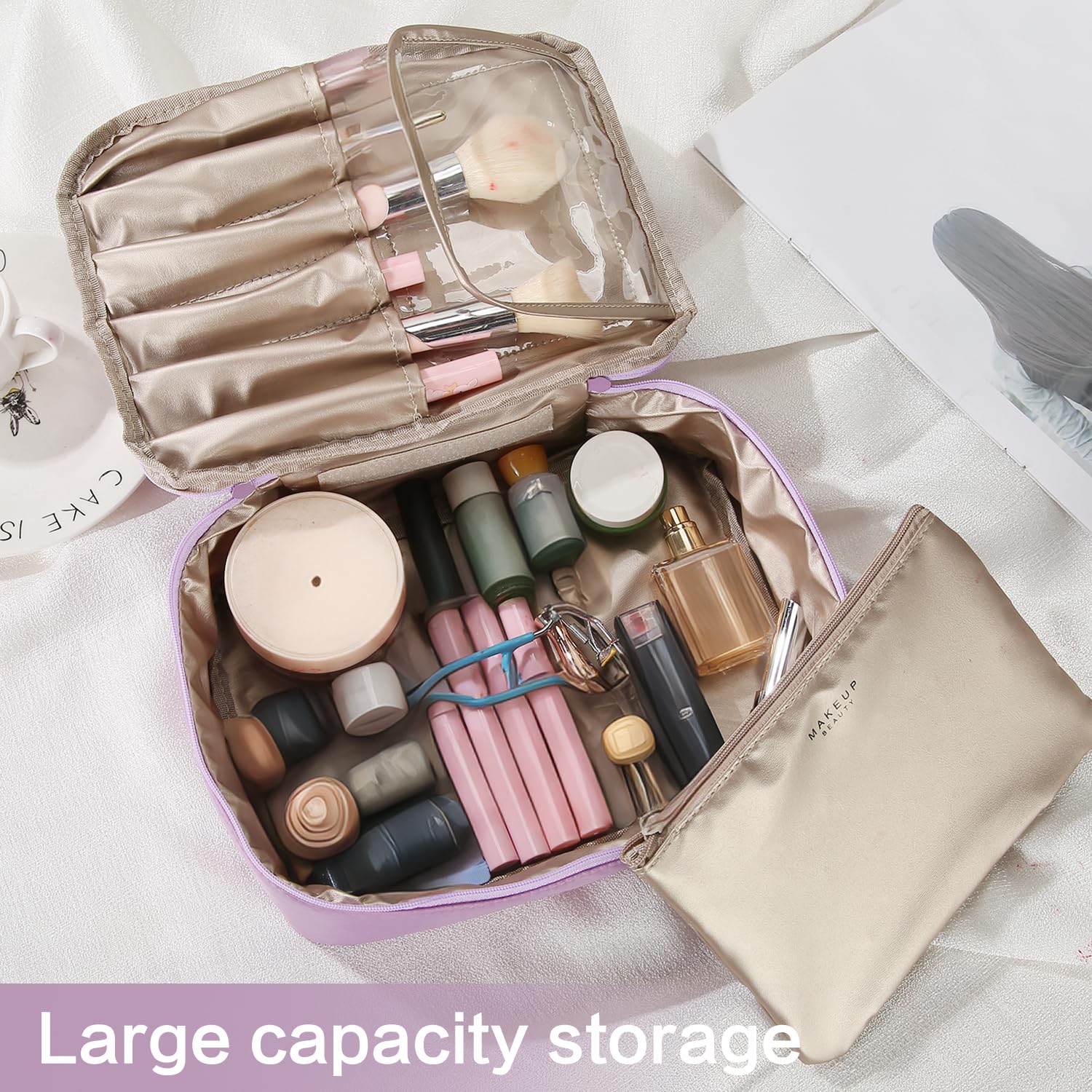 Lightweight purple Queboom bag ideal for travel and organizing skincare essentials