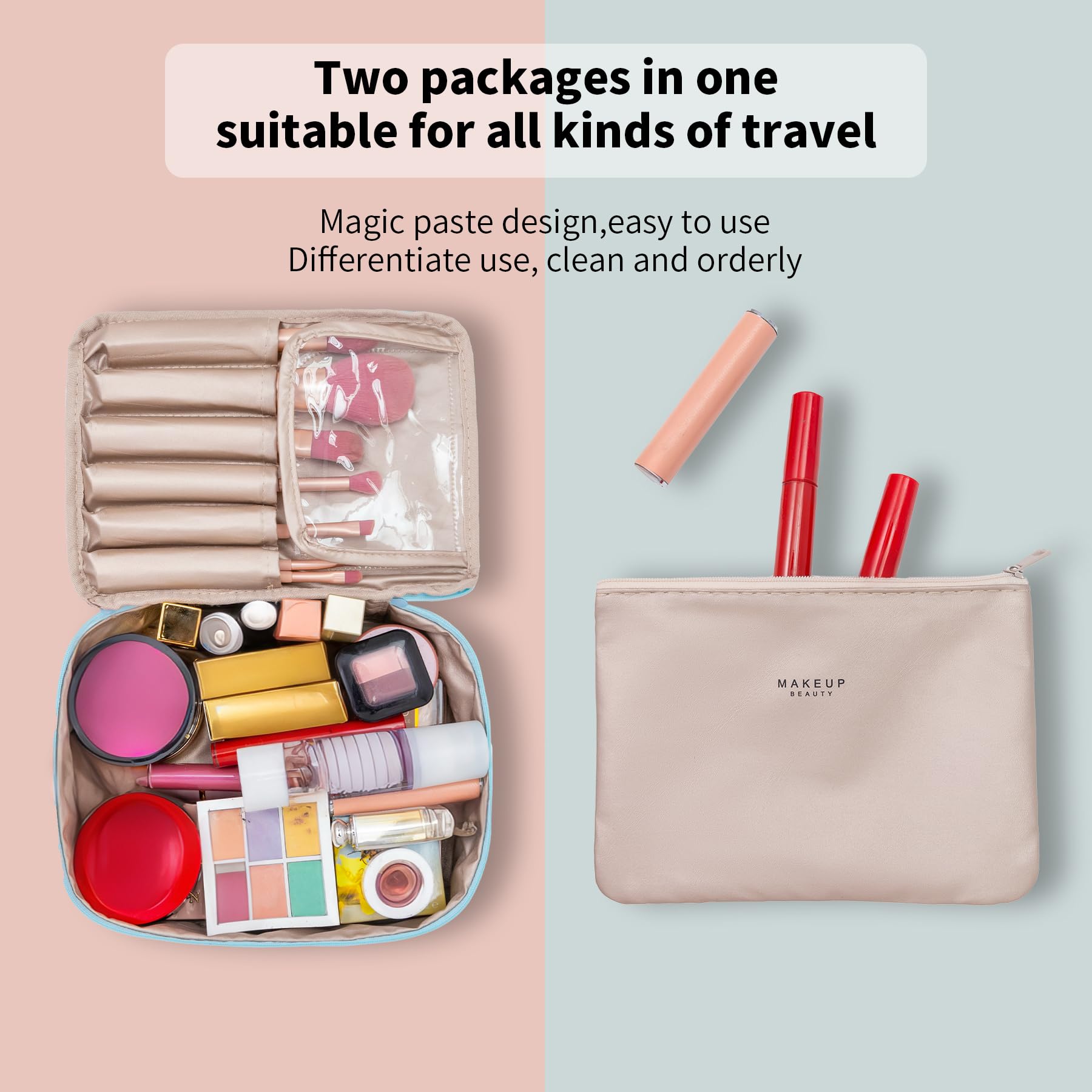 Queboom travel makeup bag features three compartments for organized storage.
