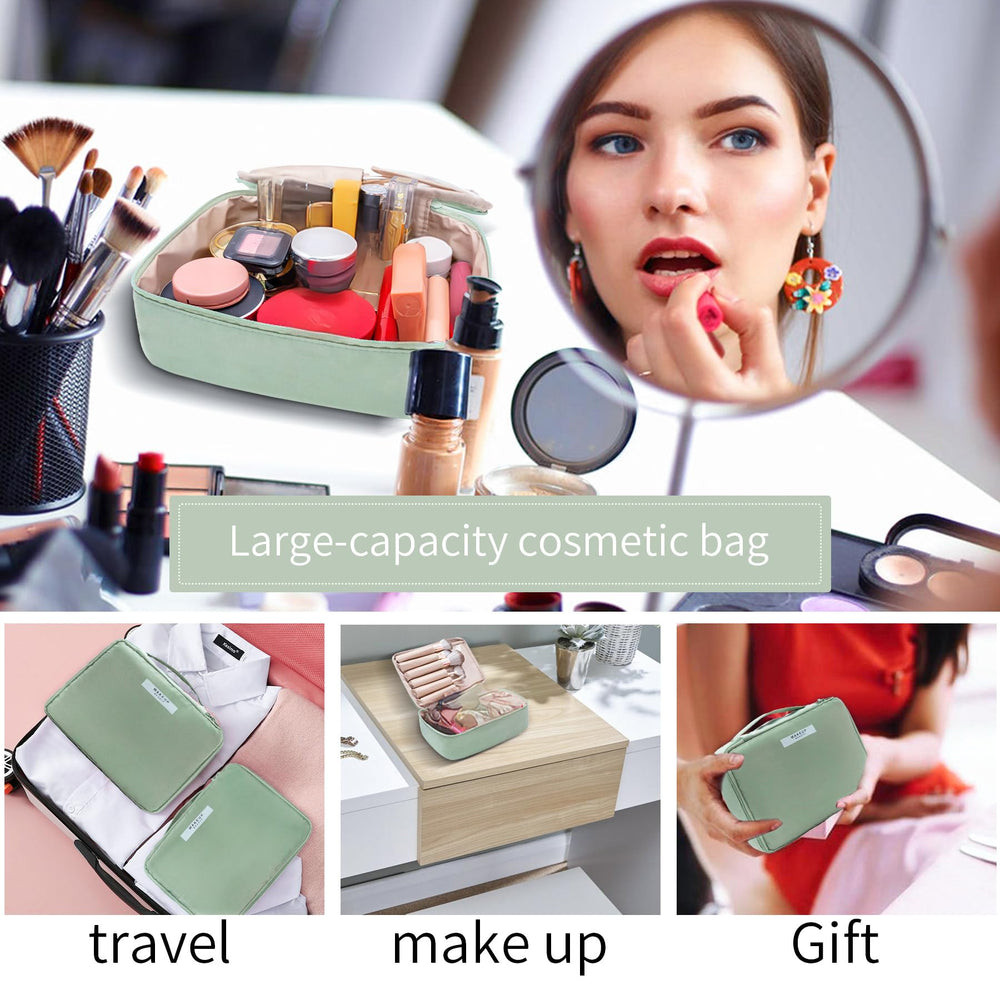 Queboom travel makeup bag waterproof outer and inner surfaces guard against spills.