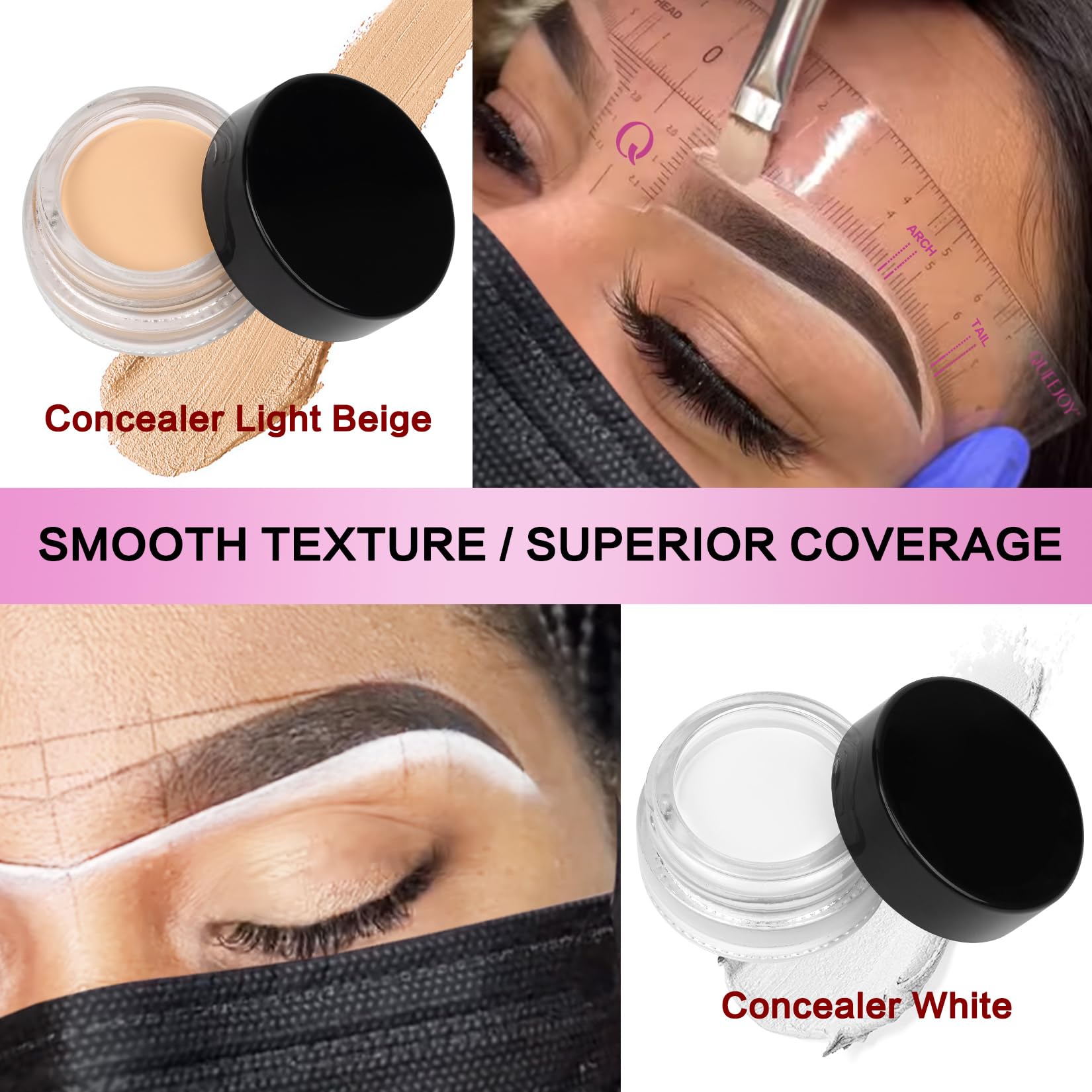QUEEJOY white and light beige brow concealer highlights around brows and lips.