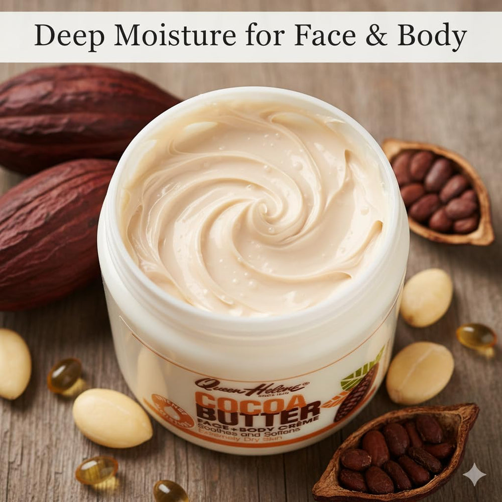Queen Helene Cocoa Butter Cream massaged onto dry skin areas.