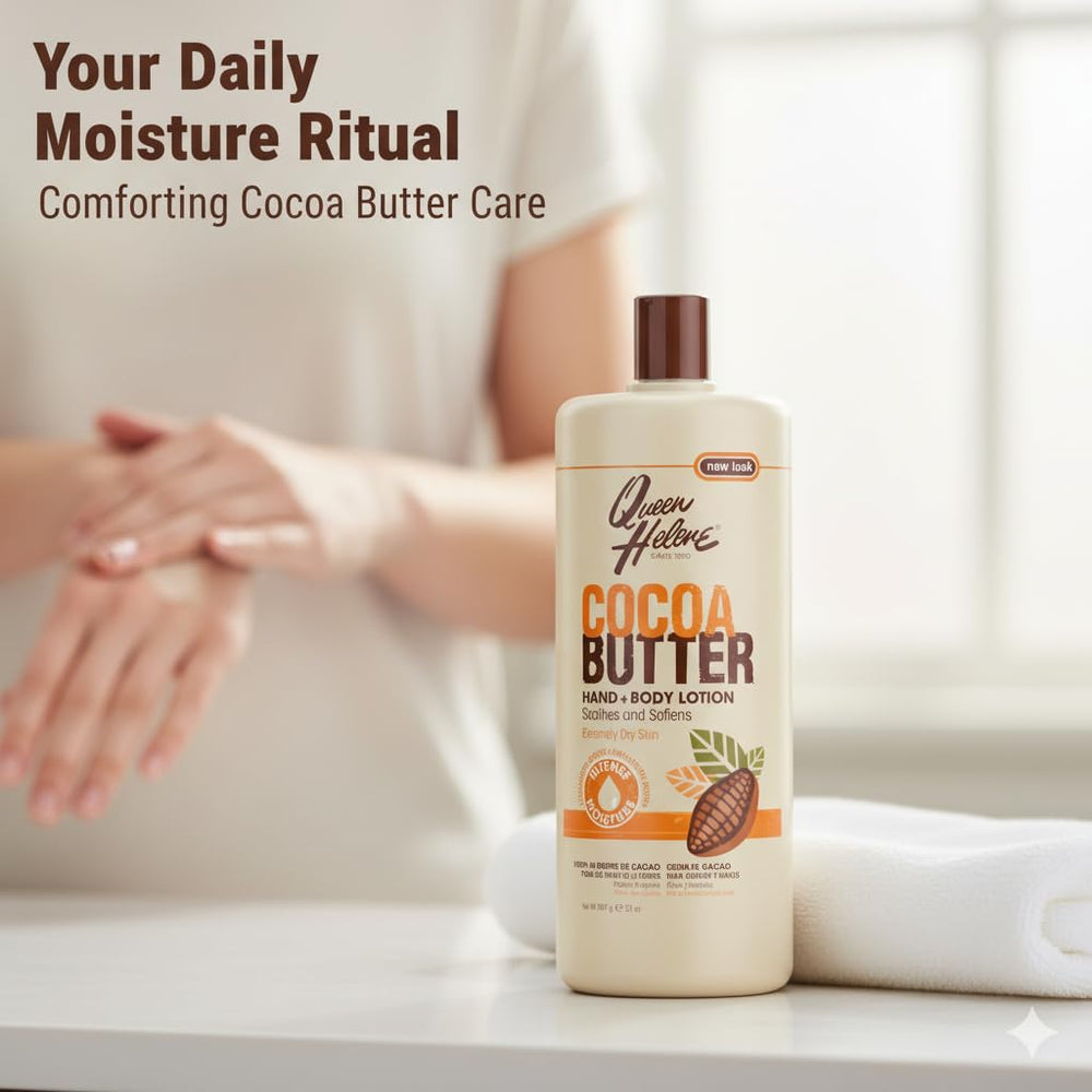 Queen Helene Cocoa Butter Lotion body-usage depicts moisturized, comfortable skin.