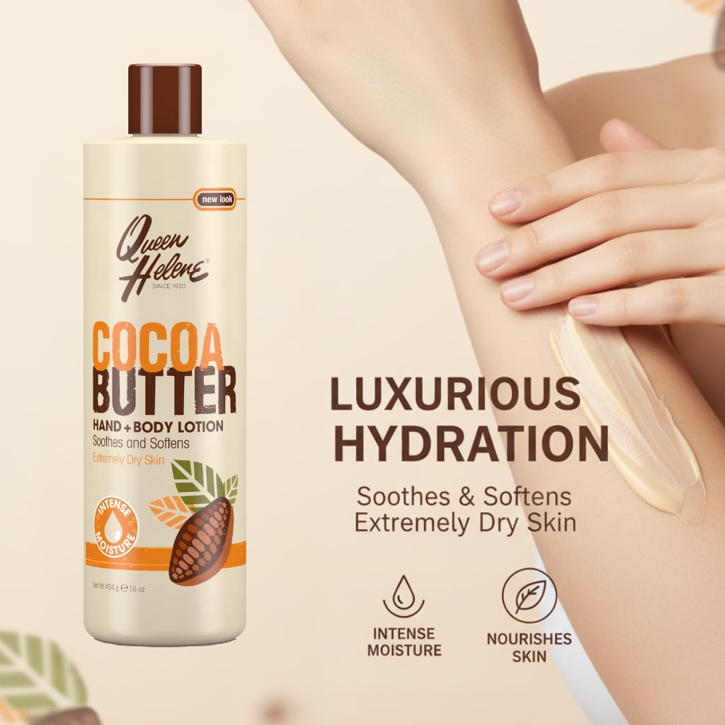 Queen Helene Cocoa Butter Lotion closeup highlights rich texture nourishing skin.