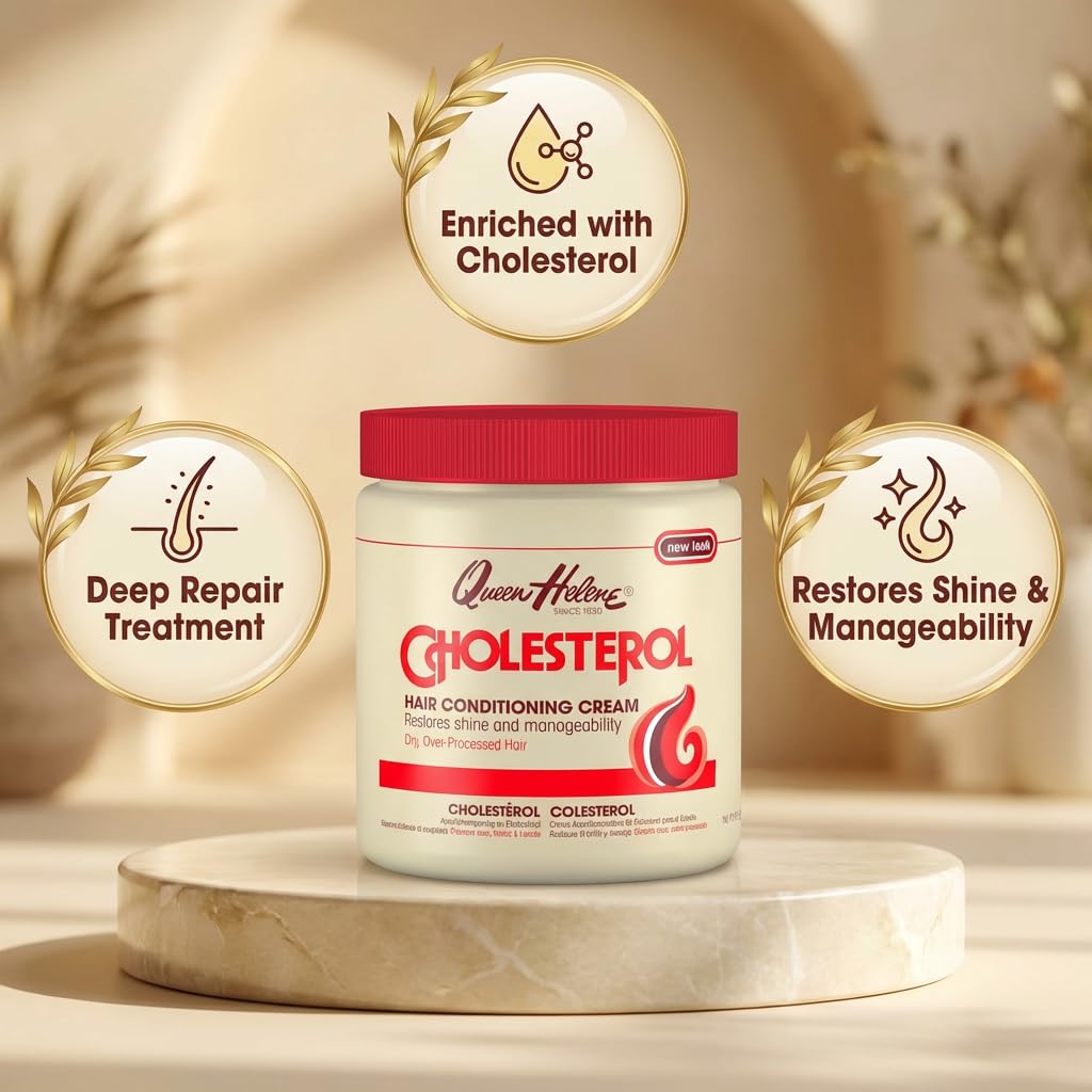 Queen Helene crema condicionadora de colesterol etiqueta frontal facilita una apariencia nutrida