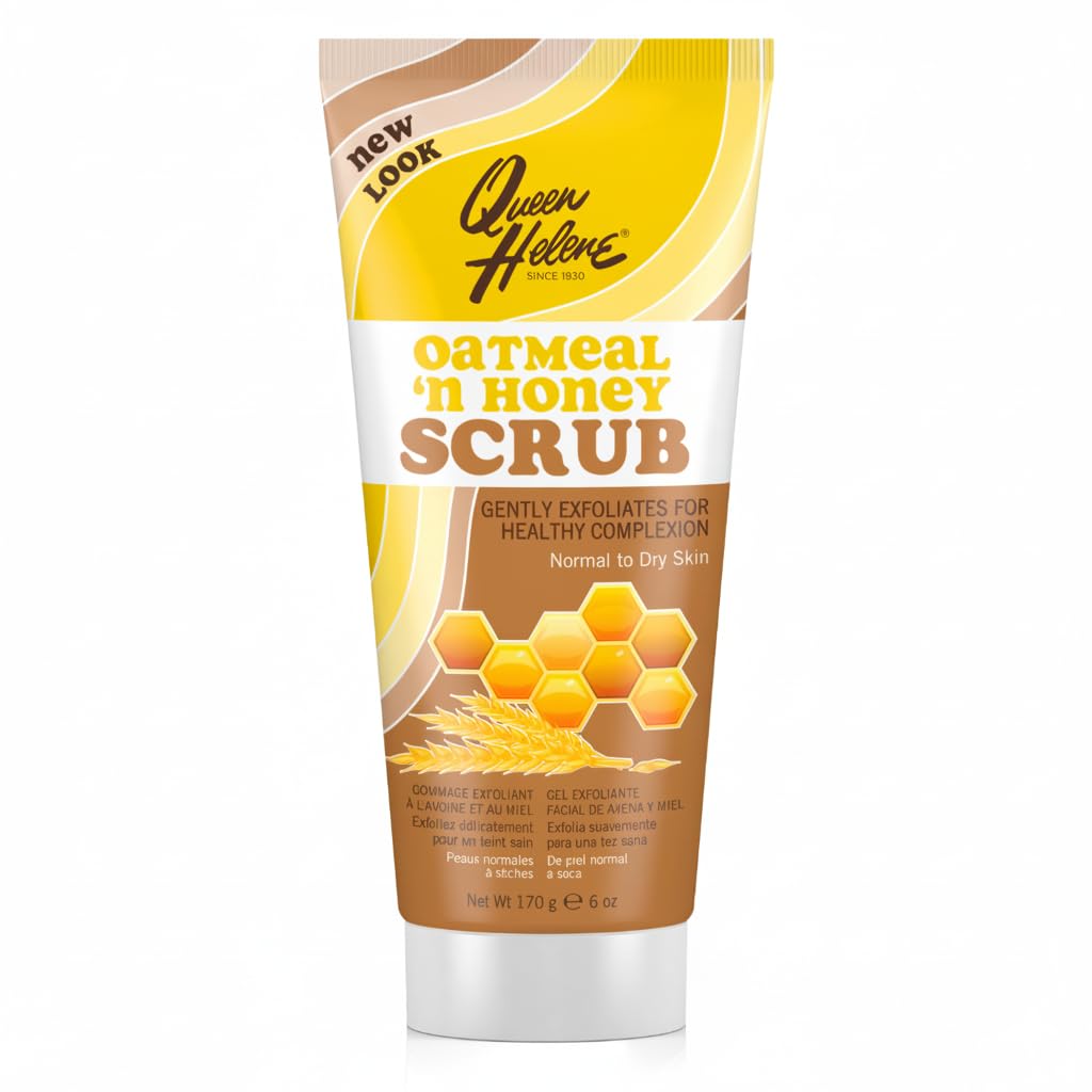Queen Helene Gentle Oatmeal & Honey scrub jar close-up for comforting exfoliation and smooth skin.