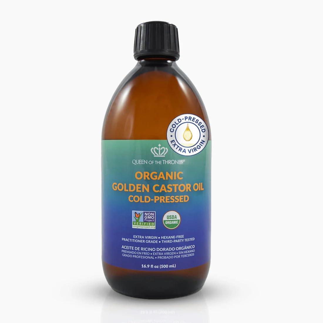 Queen of the Thrones Castor Oil in amber bottle protecting purity and skin wellbeing