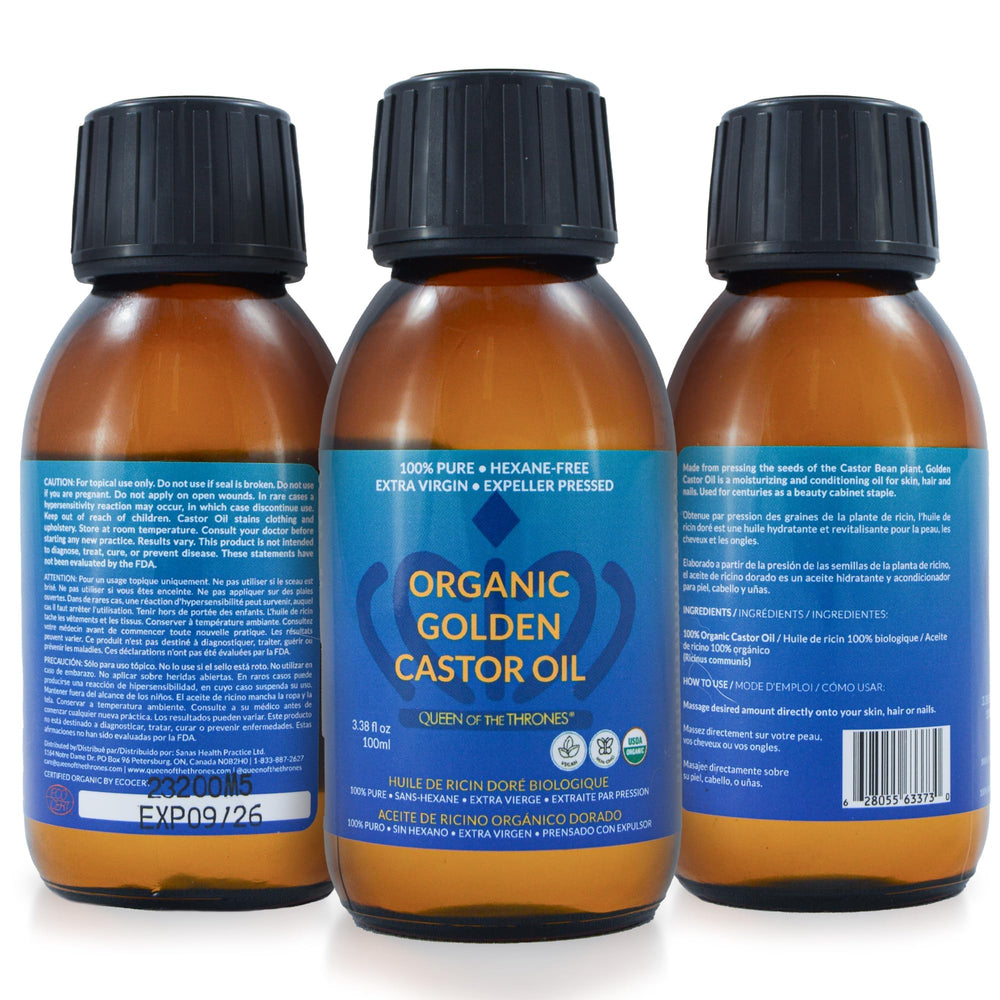 Queen of the Thrones Organic Golden Castor Oil used as a nighttime moisturizer for hydration.