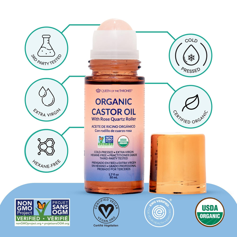 Queen of the Thrones Organic Golden Castor Oil Rose Quartz Roll-On in a castor oil pack setup.