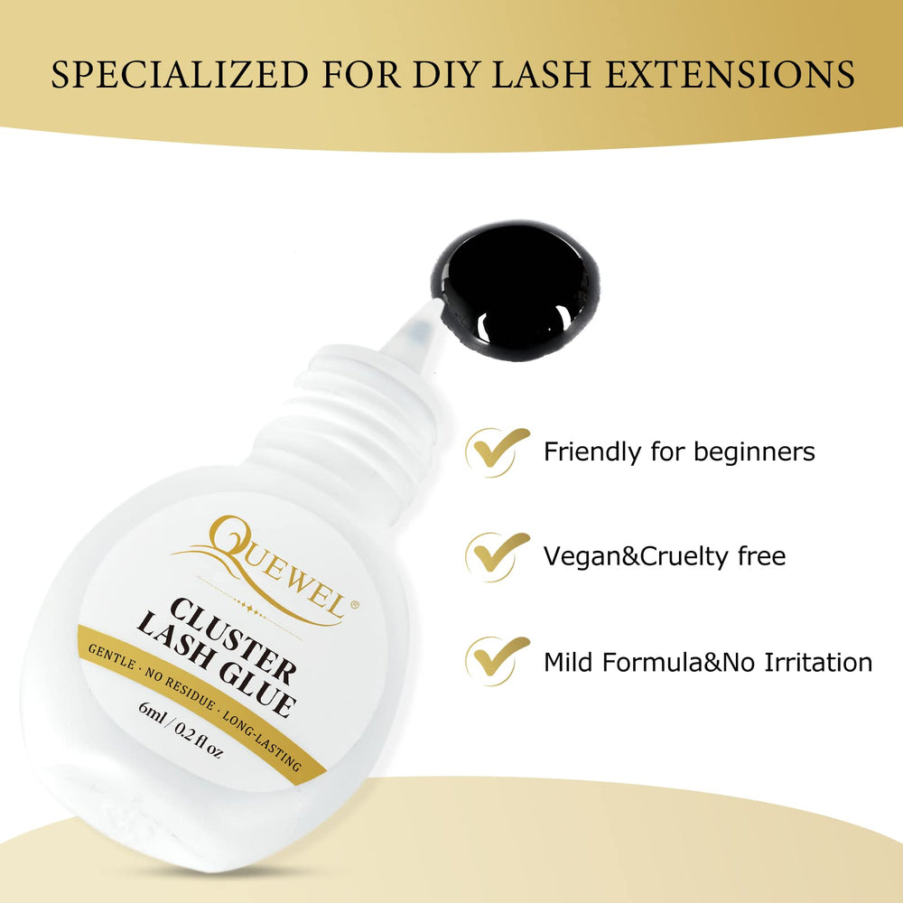 Applying QUEWEL lash clusters for DIY extensions with precision.