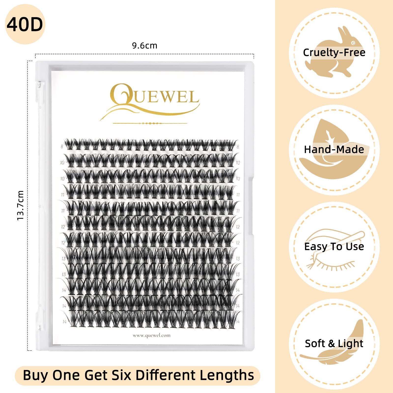 QUEWEL cluster lashes 40D 0.07D mix 8-14mm, from natural to dramatic.