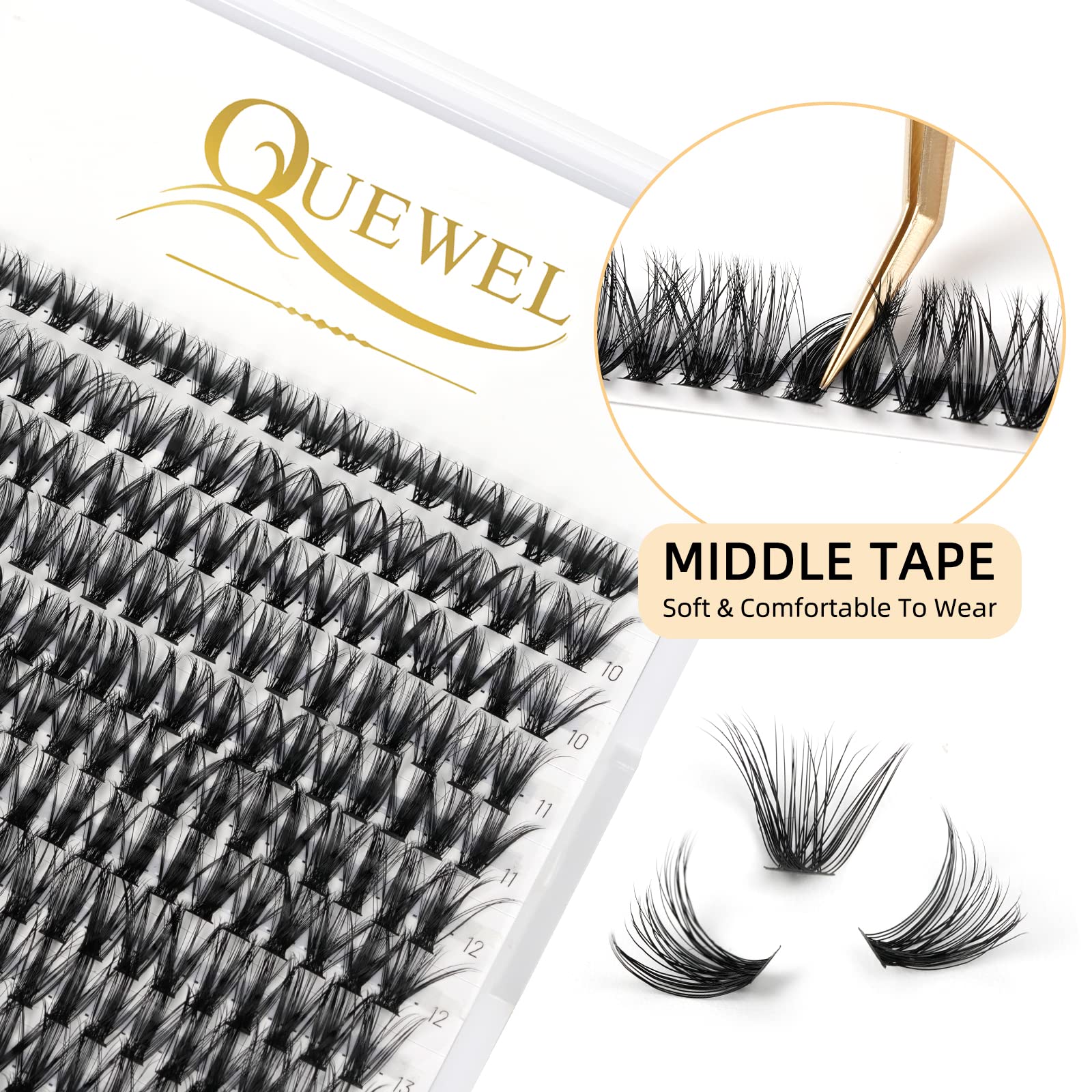 QUEWEL cluster lashes matte black for a natural look and easy blending.