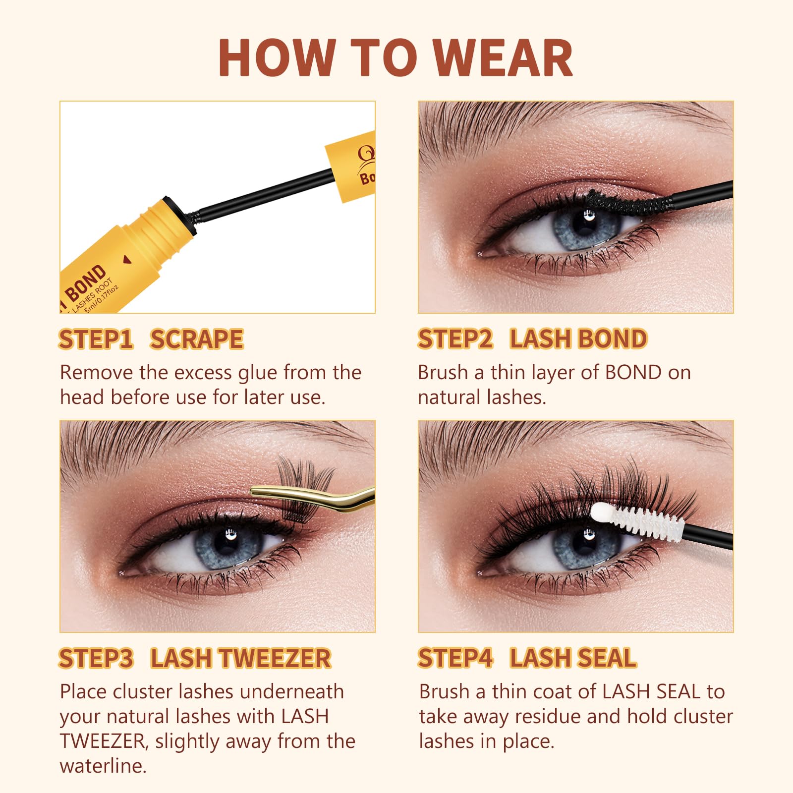 QUEWEL DIY lash clusters at home with step-by-step guidance.