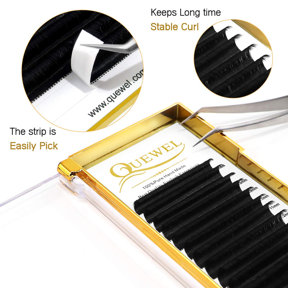 QUEWEL Easy Fan Lash Extensions 0.07mm mix 8-15mm create self-fanned volume with a mink-like feel.