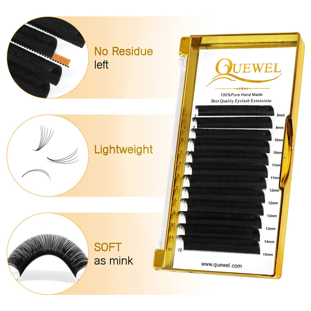 QUEWEL Easy Fan Lash Extensions 12-row tray for precise DIY application.