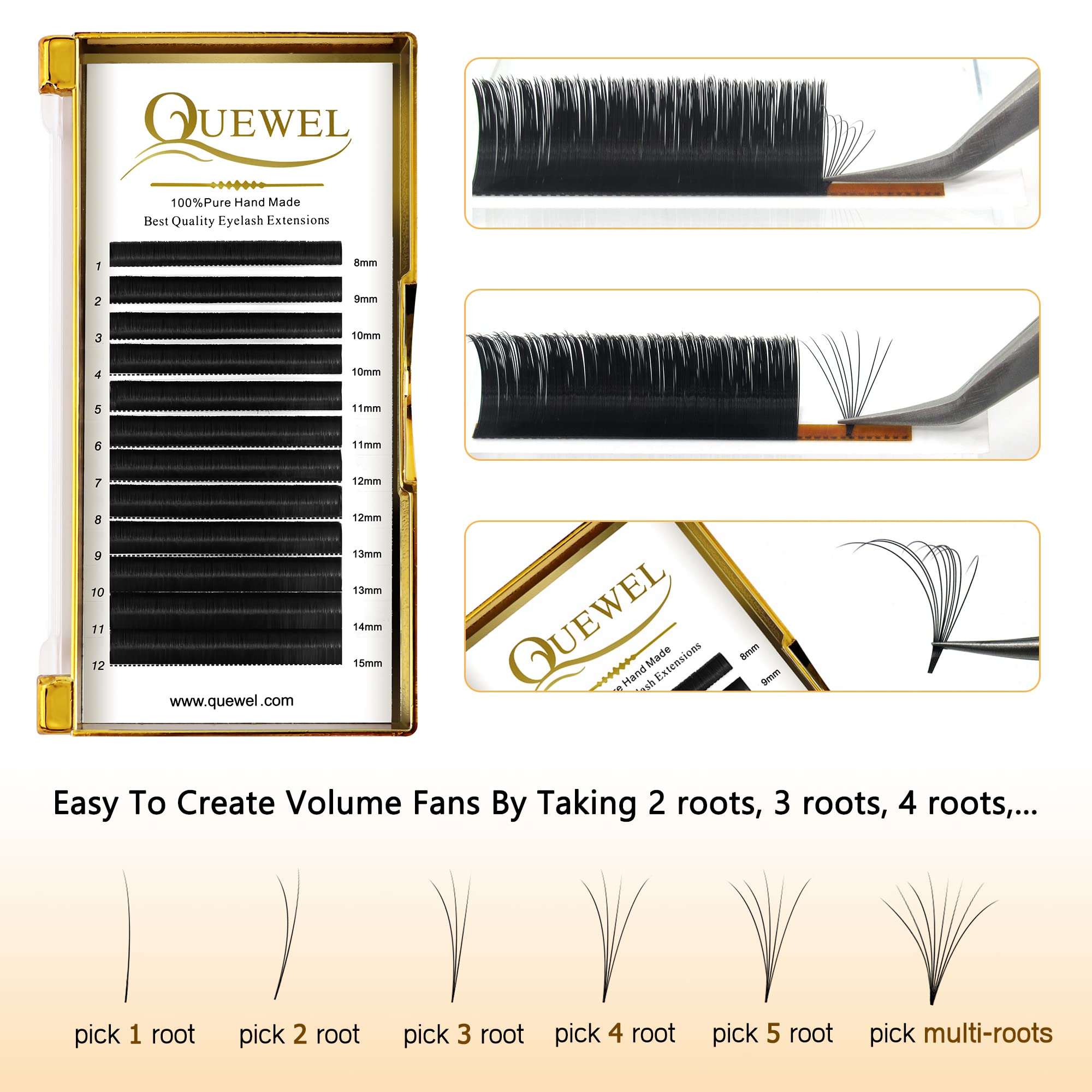 QUEWEL Easy Fan Lash Extensions made from Korean black PBT for soft, durable lashes.