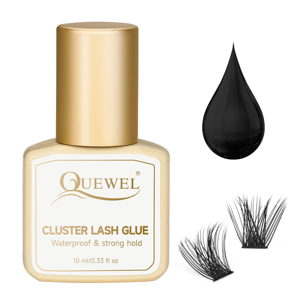 QUEWEL lash clusters glue 10ml bottle highlighting large capacity for DIY extensions.