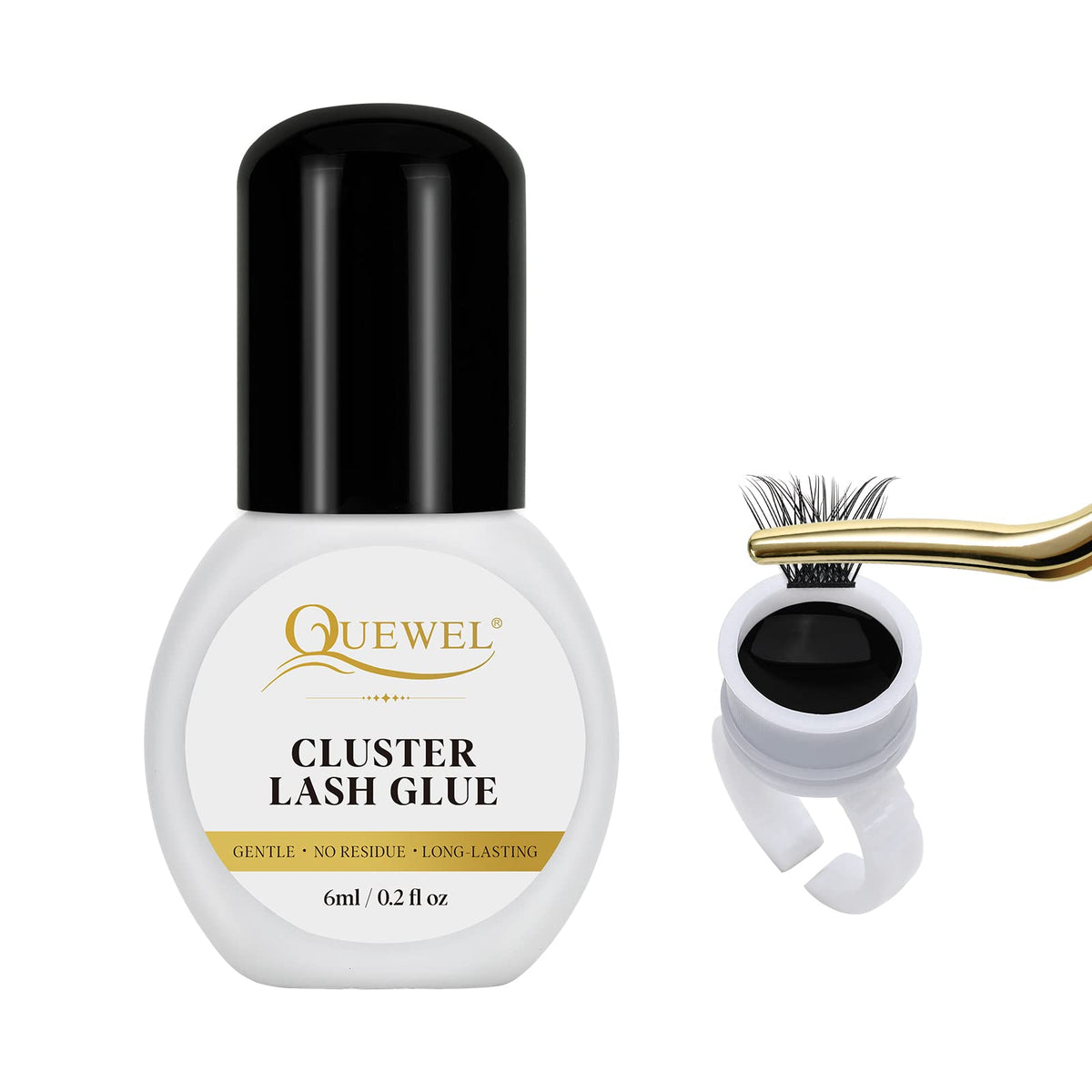 QUEWEL Lash Clusters Glue 6ml bottle ready for use, showcasing hold and convenience.