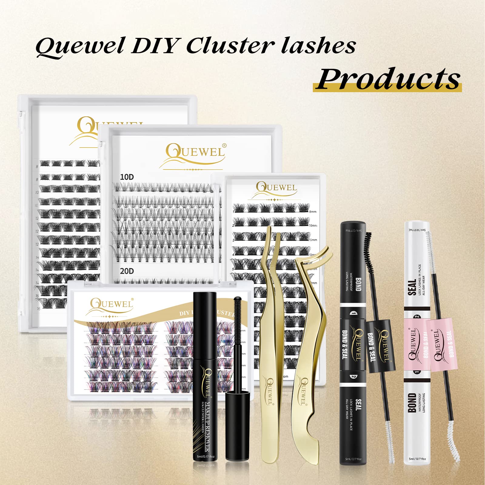 QUEWEL lash clusters glue 10ml bottle stored easily in home kit.