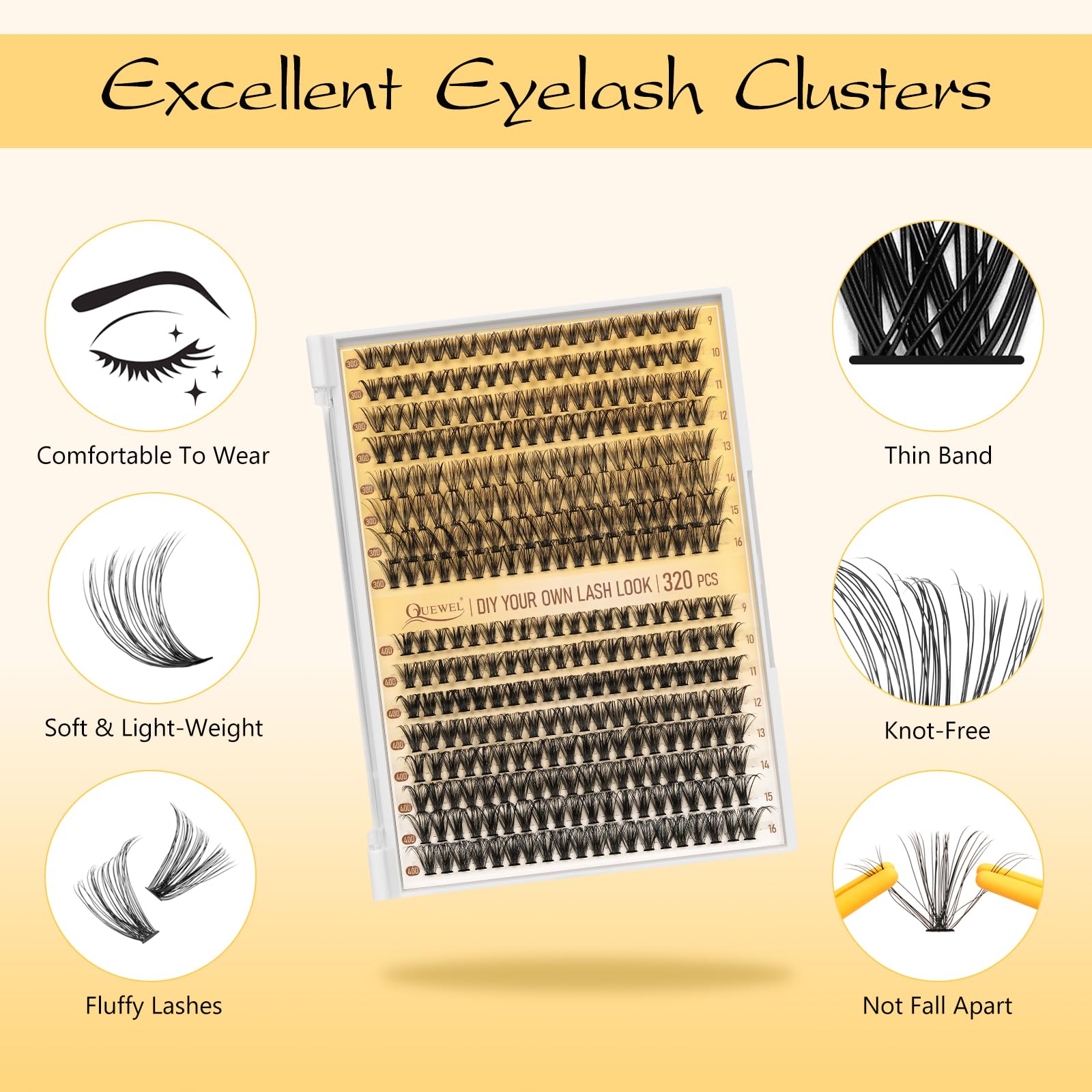 QUEWEL wispy lash clusters 9-16mm for natural, fluffy eyes.