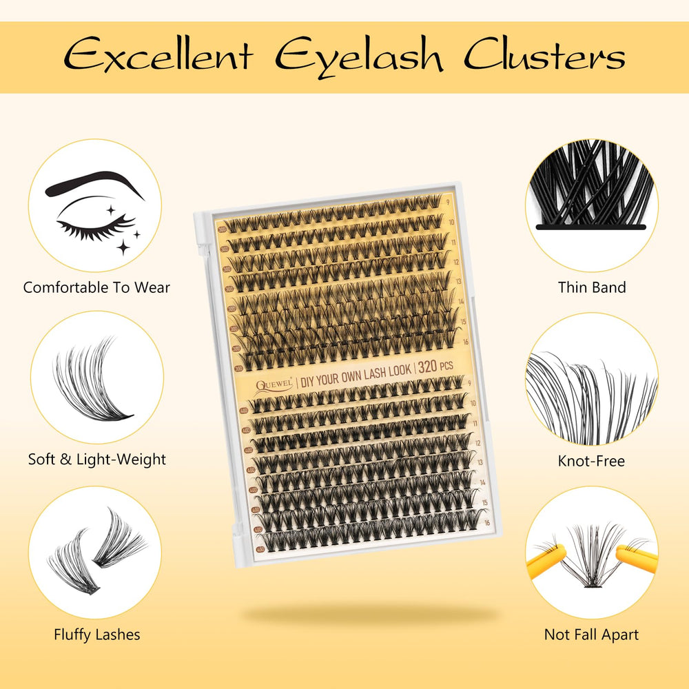 QUEWEL wispy lash clusters 9-16mm for natural, fluffy eyes.