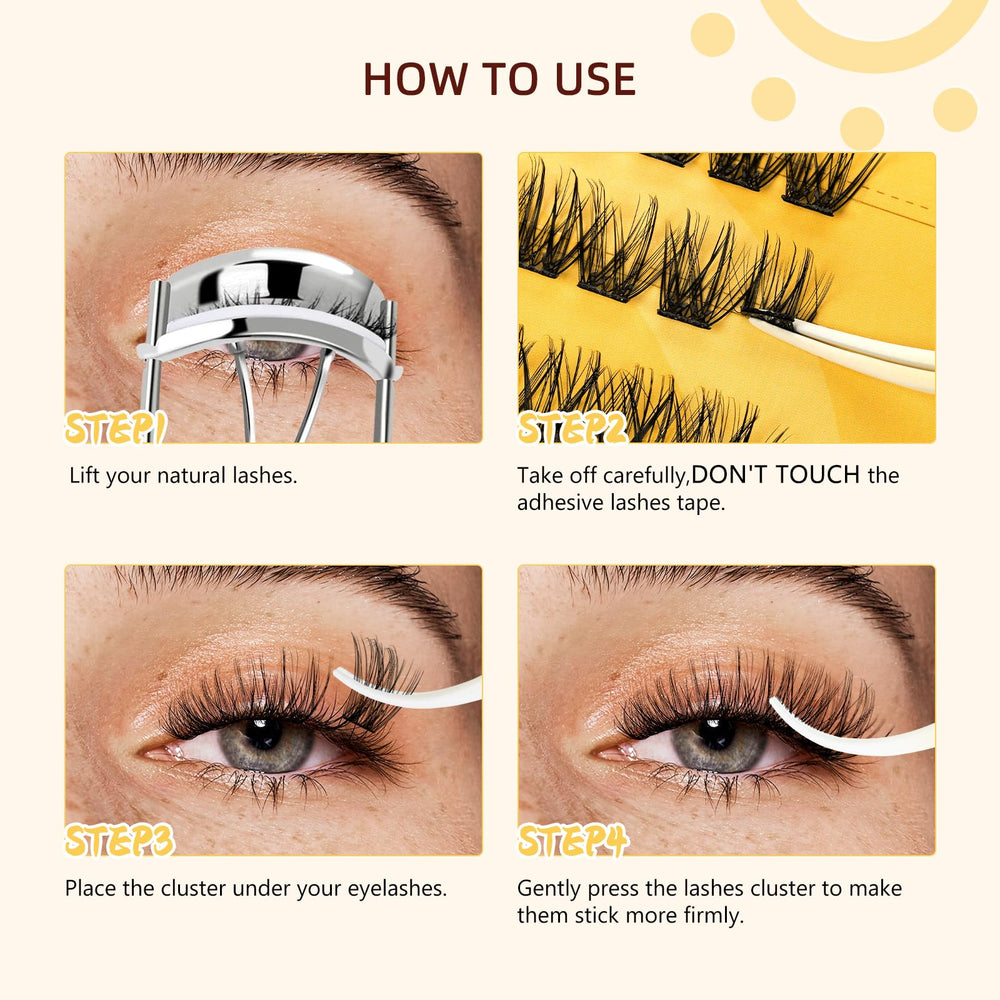 QUEWEL Zn-01 self-adhesive clusters in action on natural lashes.