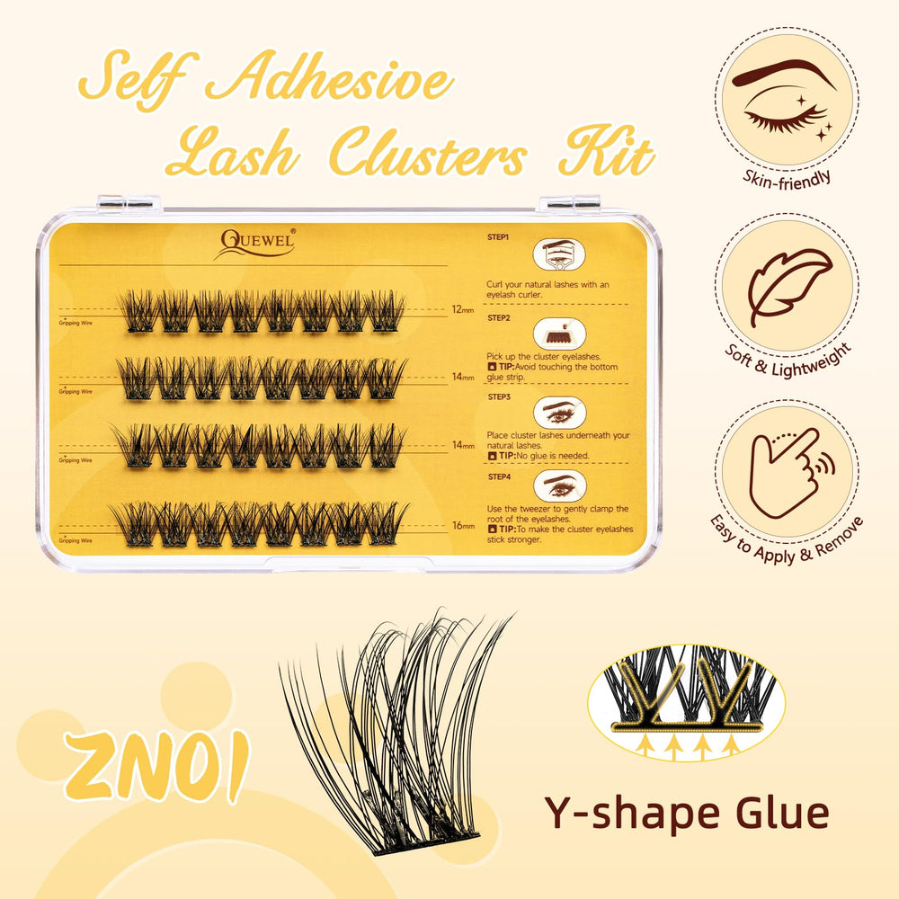 QUEWEL Zn-01 lash clusters close-up showing simple no-glue application.
