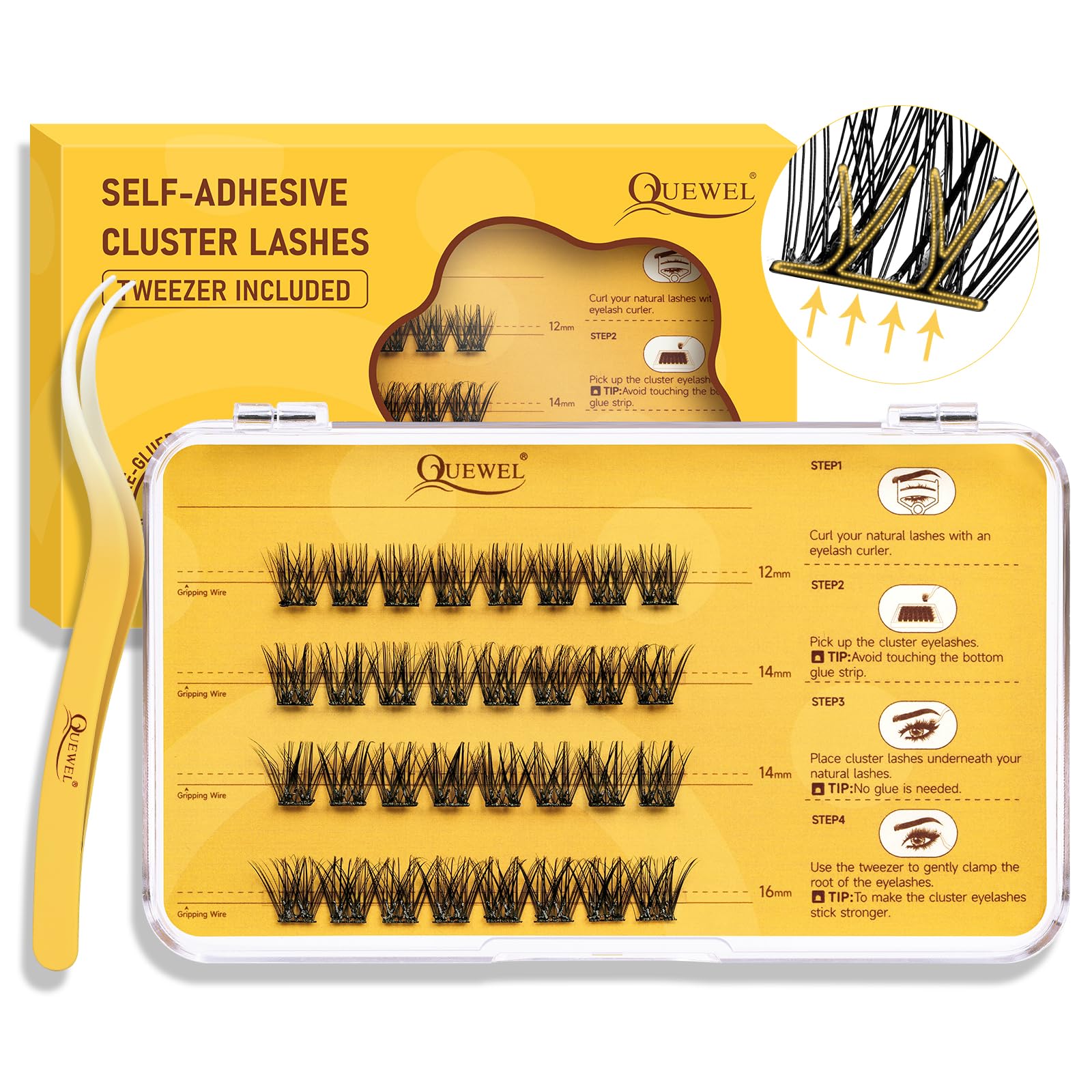 QUEWEL Zn-01 self-adhesive lash kit box for easy at-home extensions.