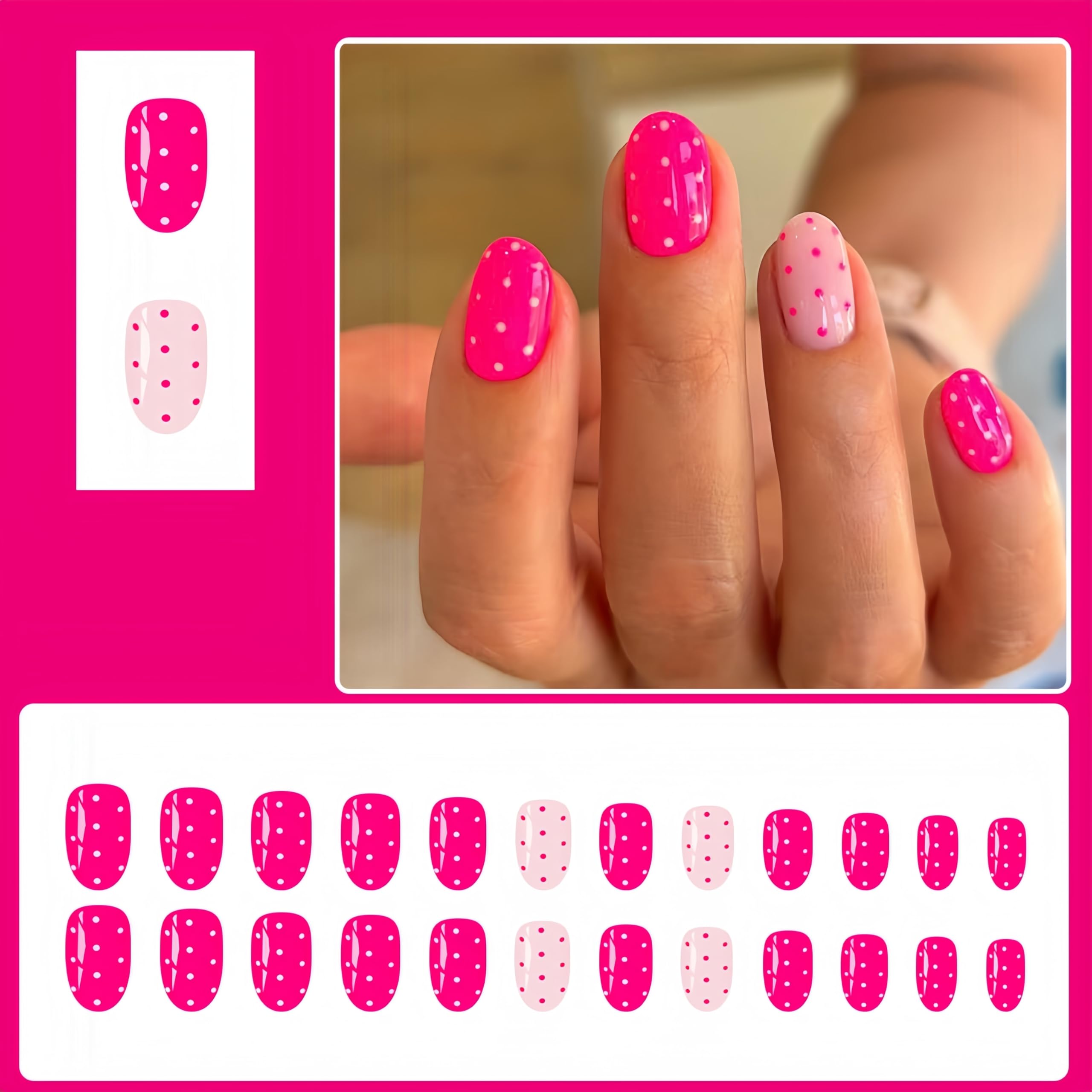 Quezadyl uñas postizas lunares rosadas con brillo para look festivo.