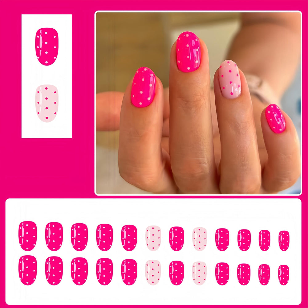 Quezadyl uñas postizas lunares rosadas con brillo para look festivo.