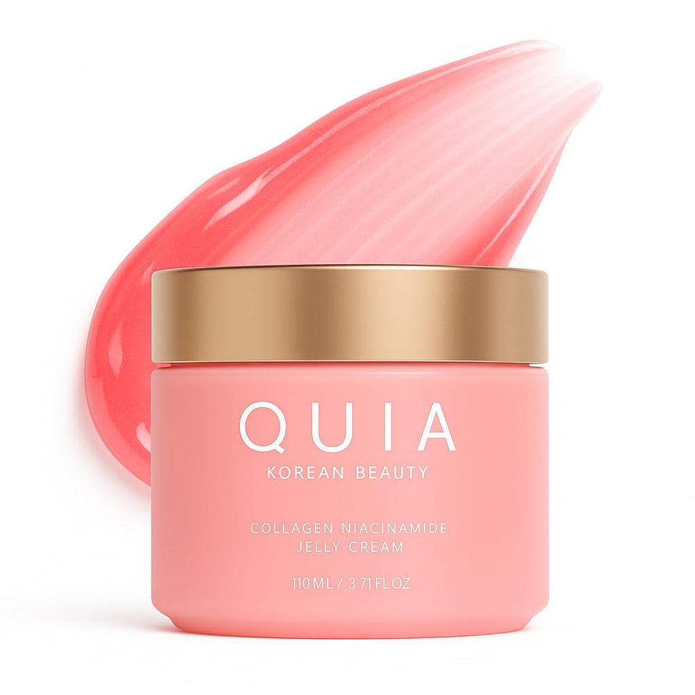 QUIA Beauty Collagen Jelly Cream packaging close-up highlighting hydration.
