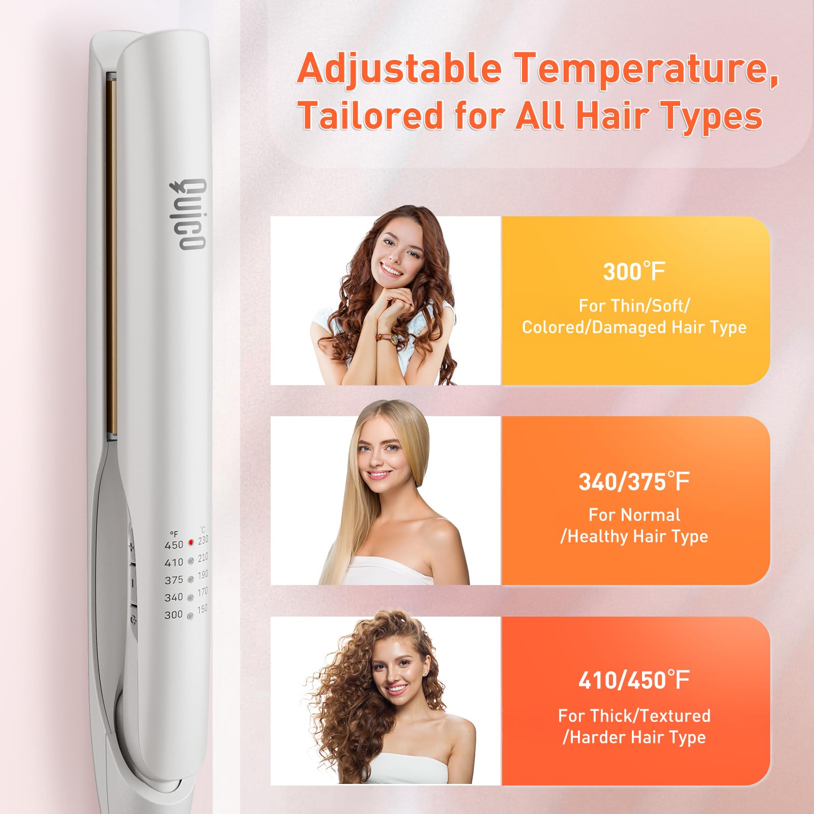 QUICO 2-in-1 straightener and curler enables versatile styling.