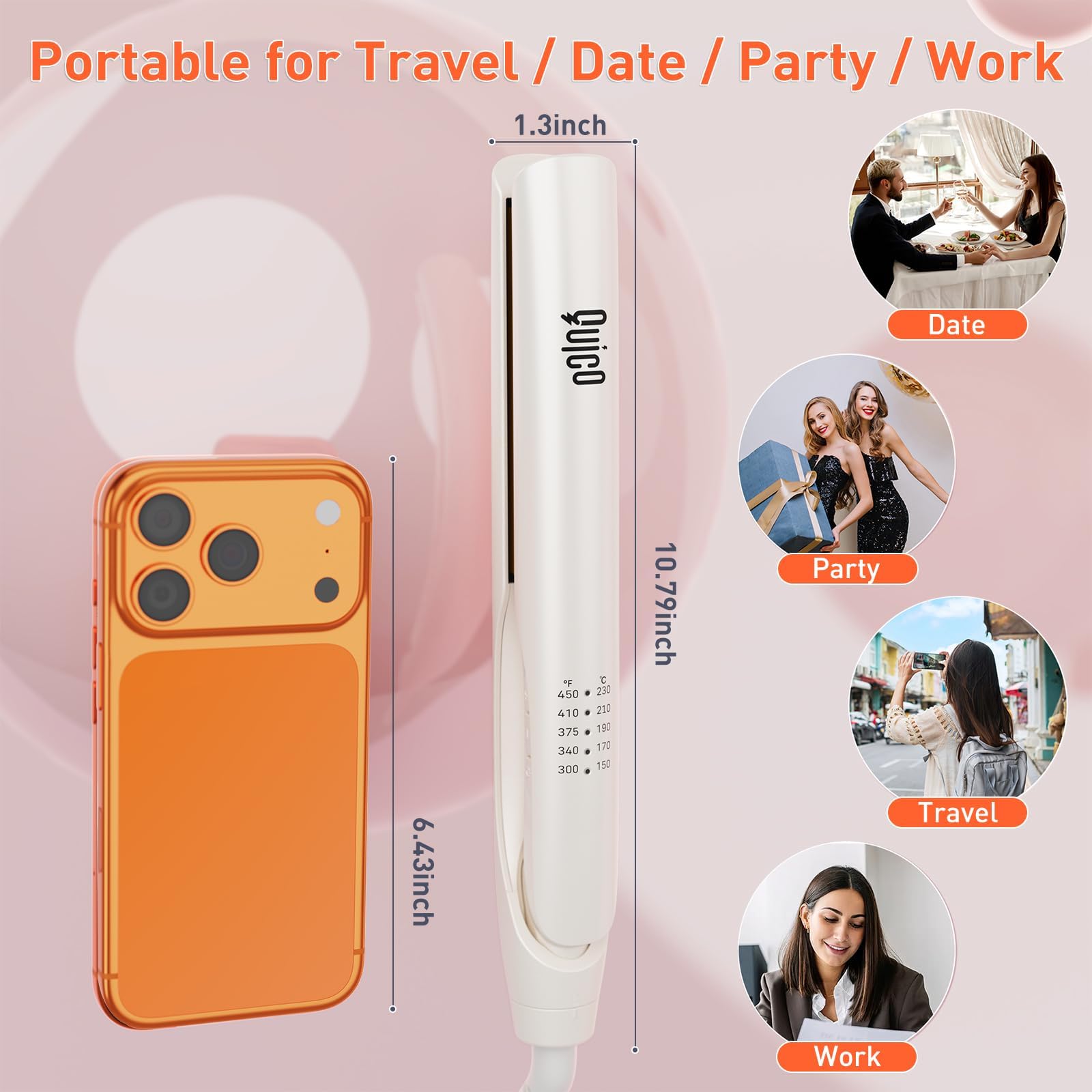 QUICO dual-voltage travel flat iron ideal for worldwide styling.