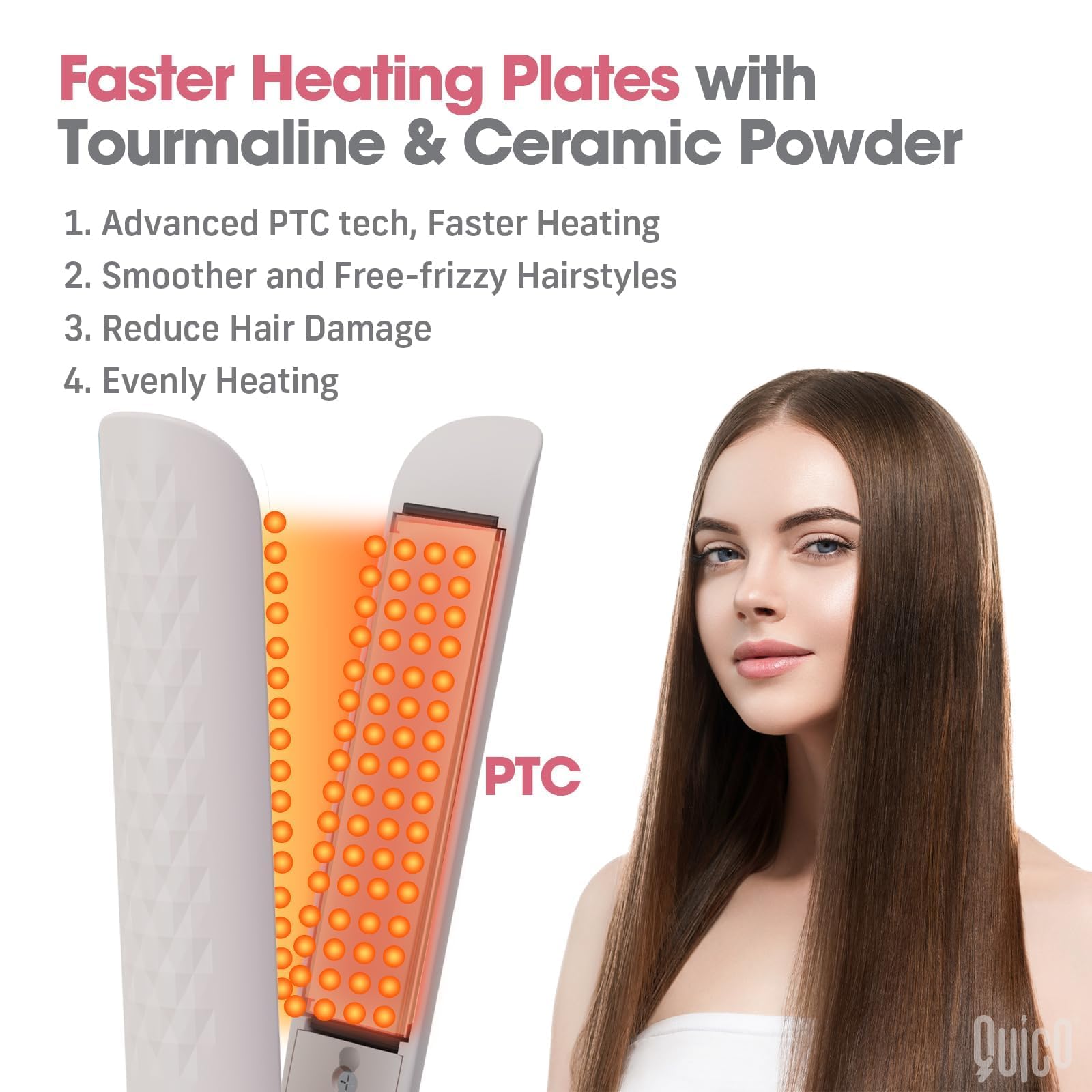 Quico Hair Straightener 15s heat-up speeds up morning routines.