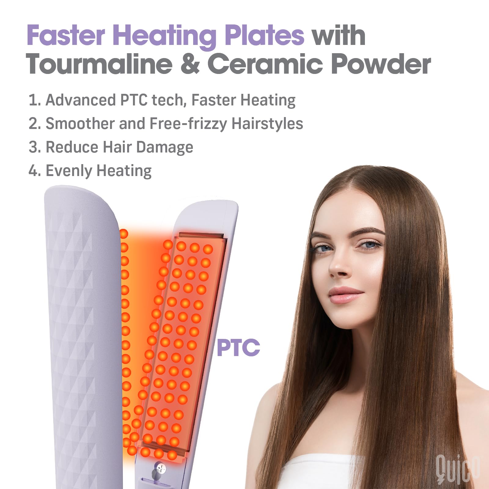 QUICO hair straightener dual-voltage label highlights worldwide compatibility