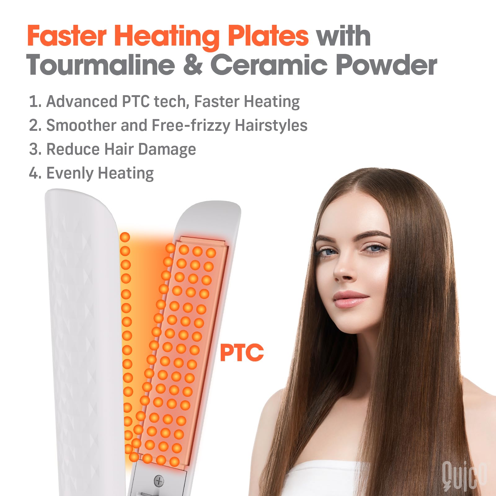 QUICO straightener fast heat image demonstrates 15-second heat-up for quick styling.