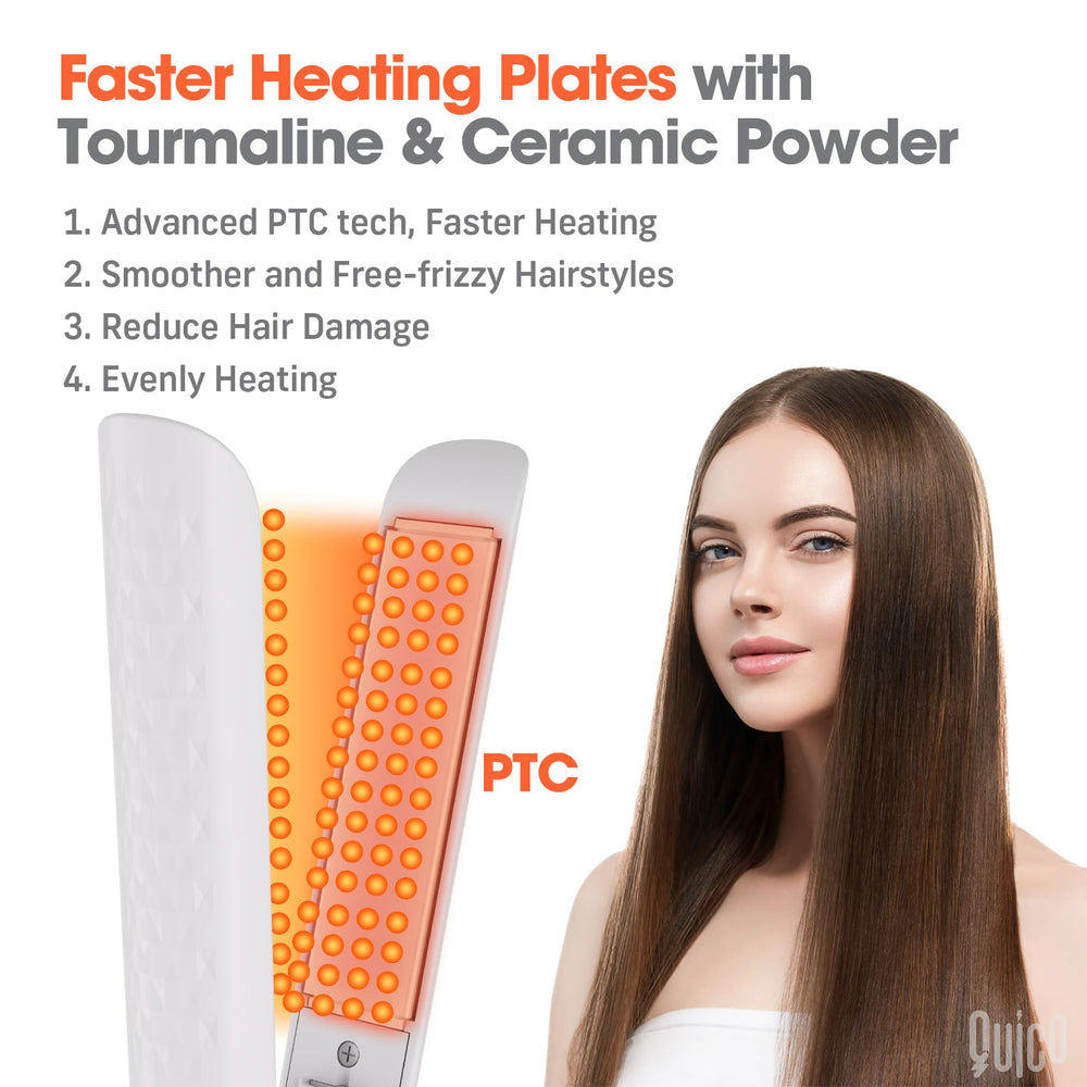 QUICO straightener fast heat image demonstrates 15-second heat-up for quick styling.