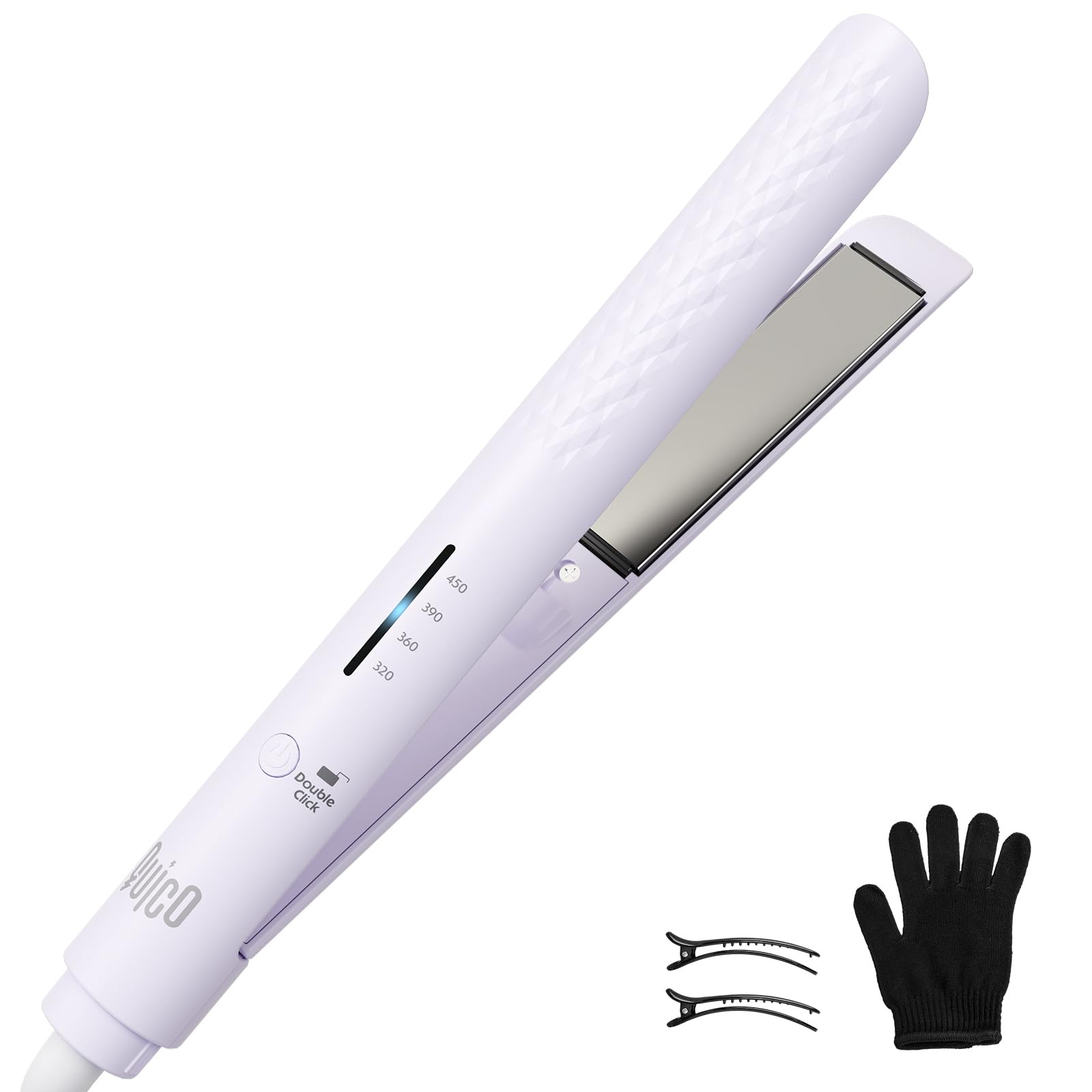 QUICO hair straightener lilac front view showing compact design for travel