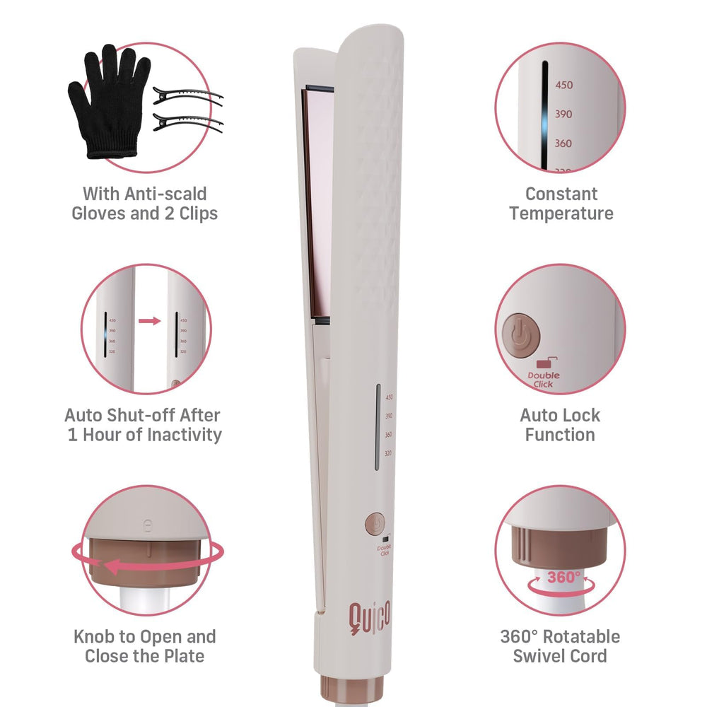 Quico Hair Straightener pink finish adds feminine styling appeal.